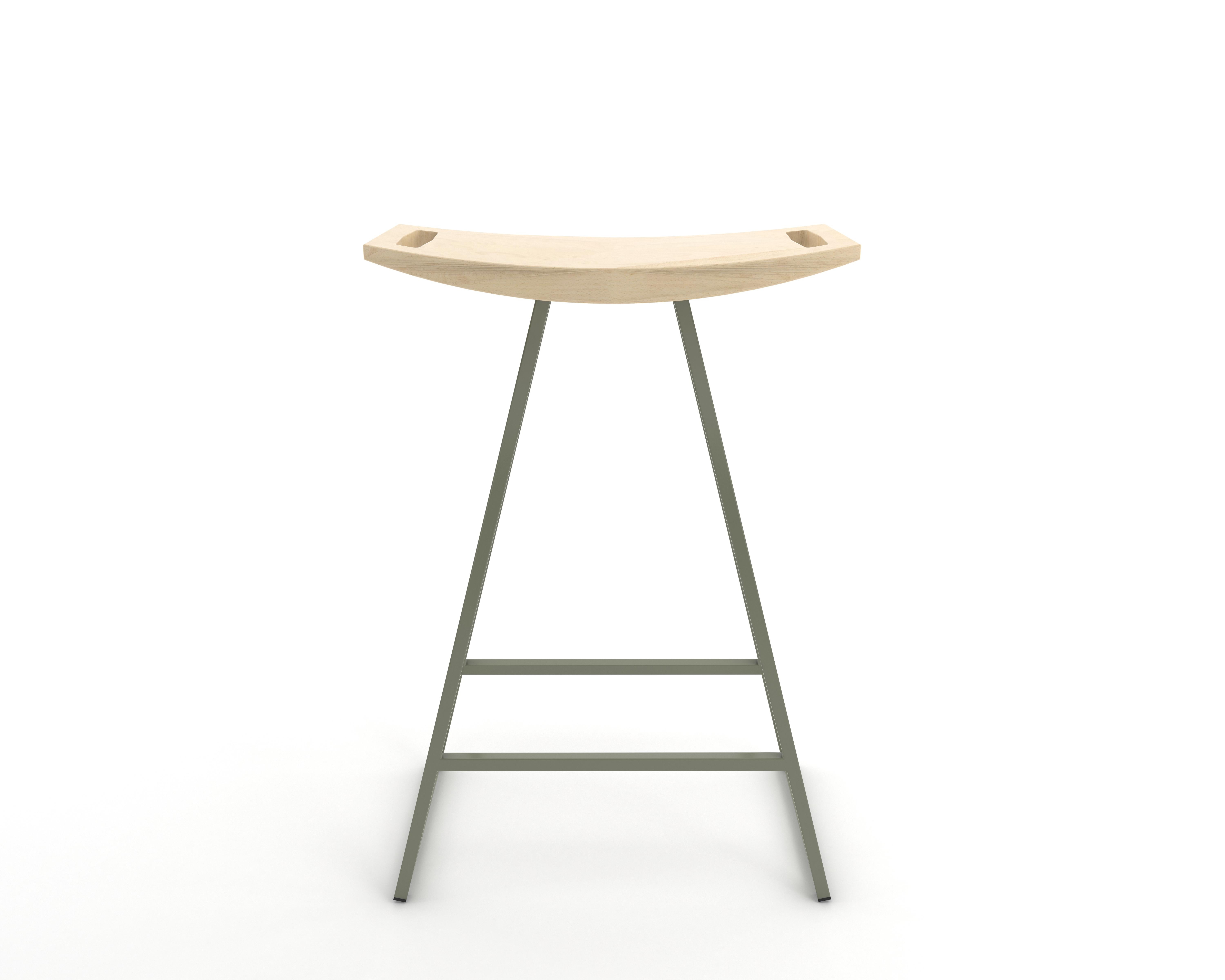 This sleek stool has a thin carved wooden seat that rests on a steel tubing base. The elegant seat is curved for seamless comfort while displaying a stunning intersecting diagonal accent inlay. This eye-catching and durable piece will make any