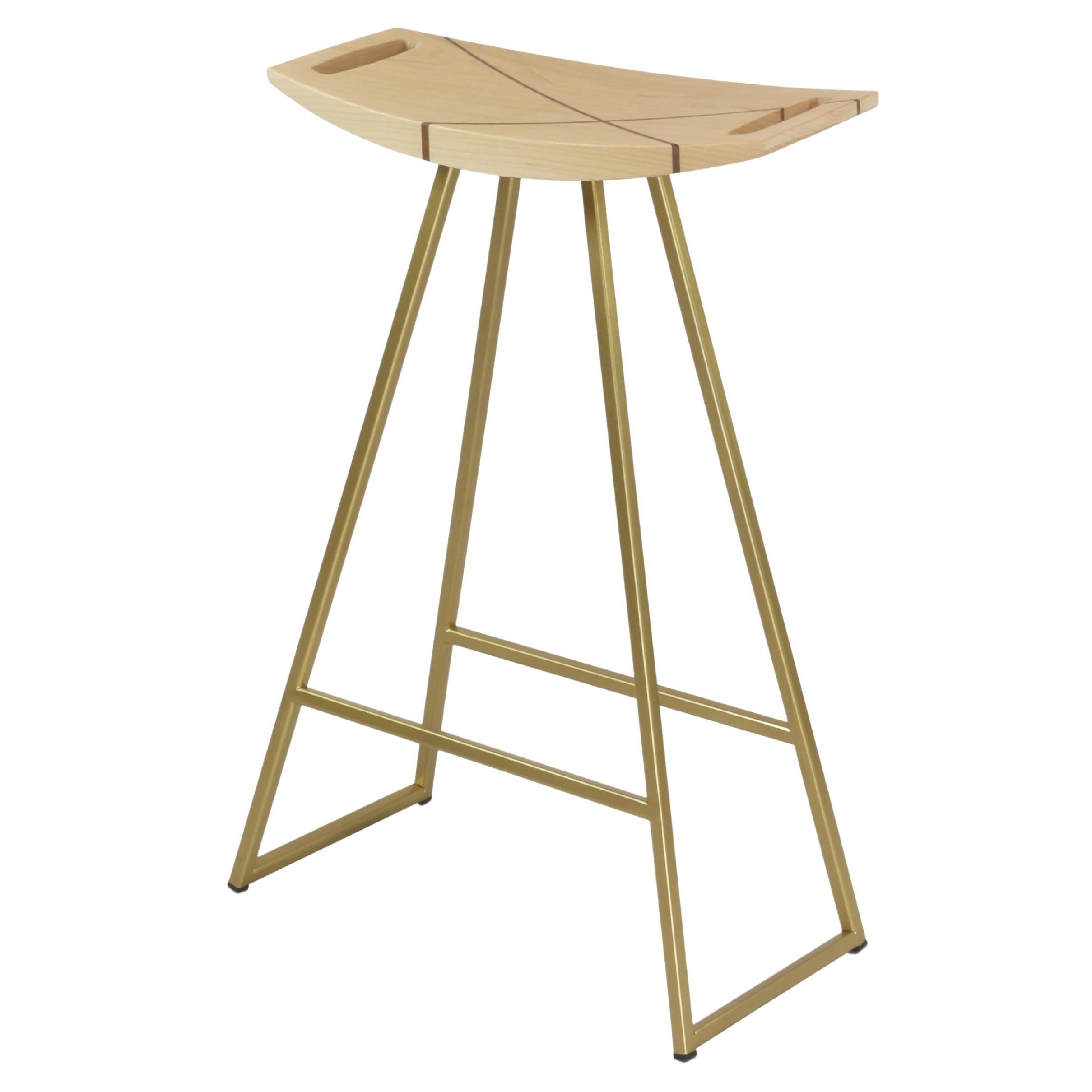 Roberts Counter Stool with Wood Inlay Maple Brassy Gold For Sale
