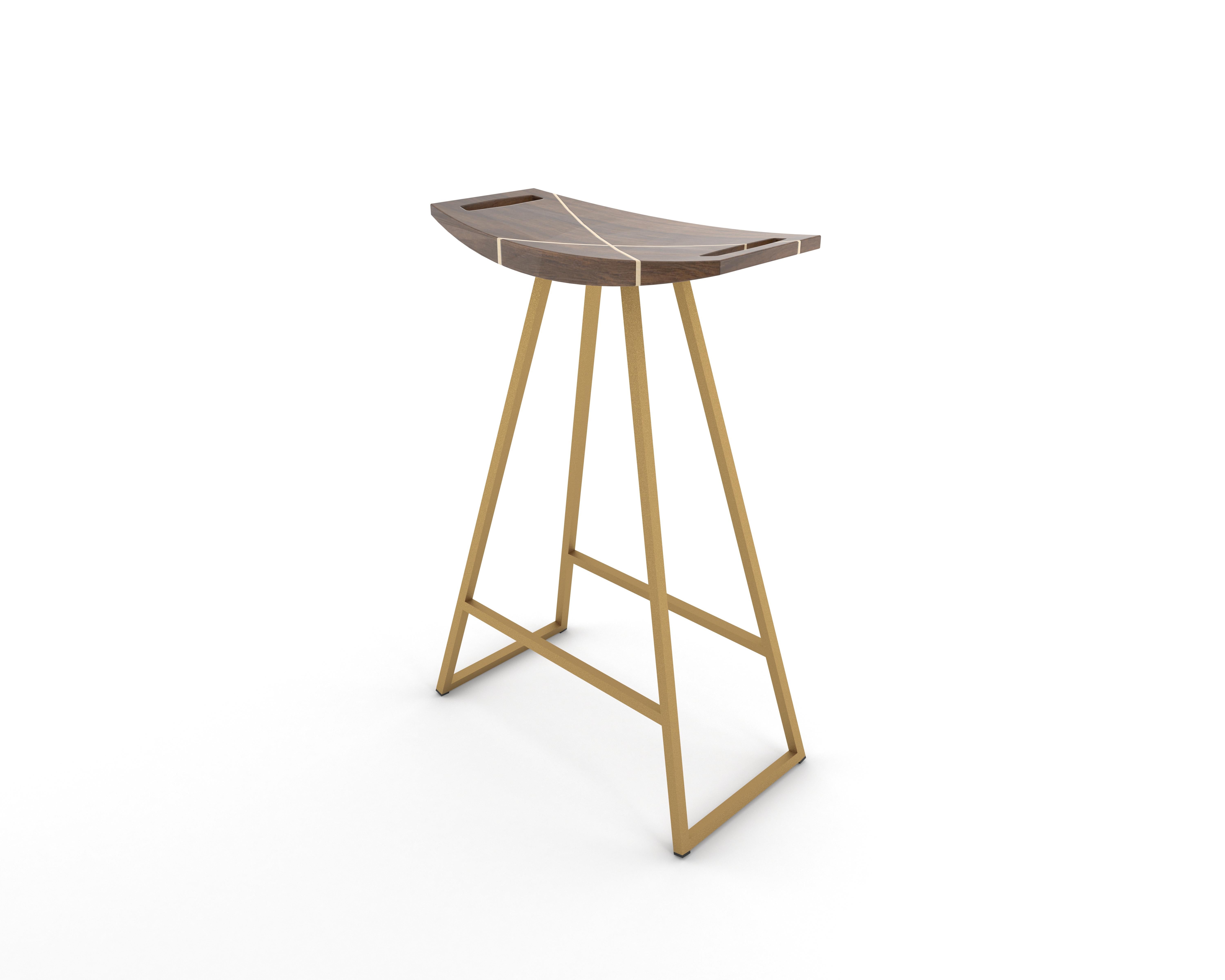 Scandinavian Modern Roberts Counter Stool with Wood Inlay Walnut Brassy Gold For Sale