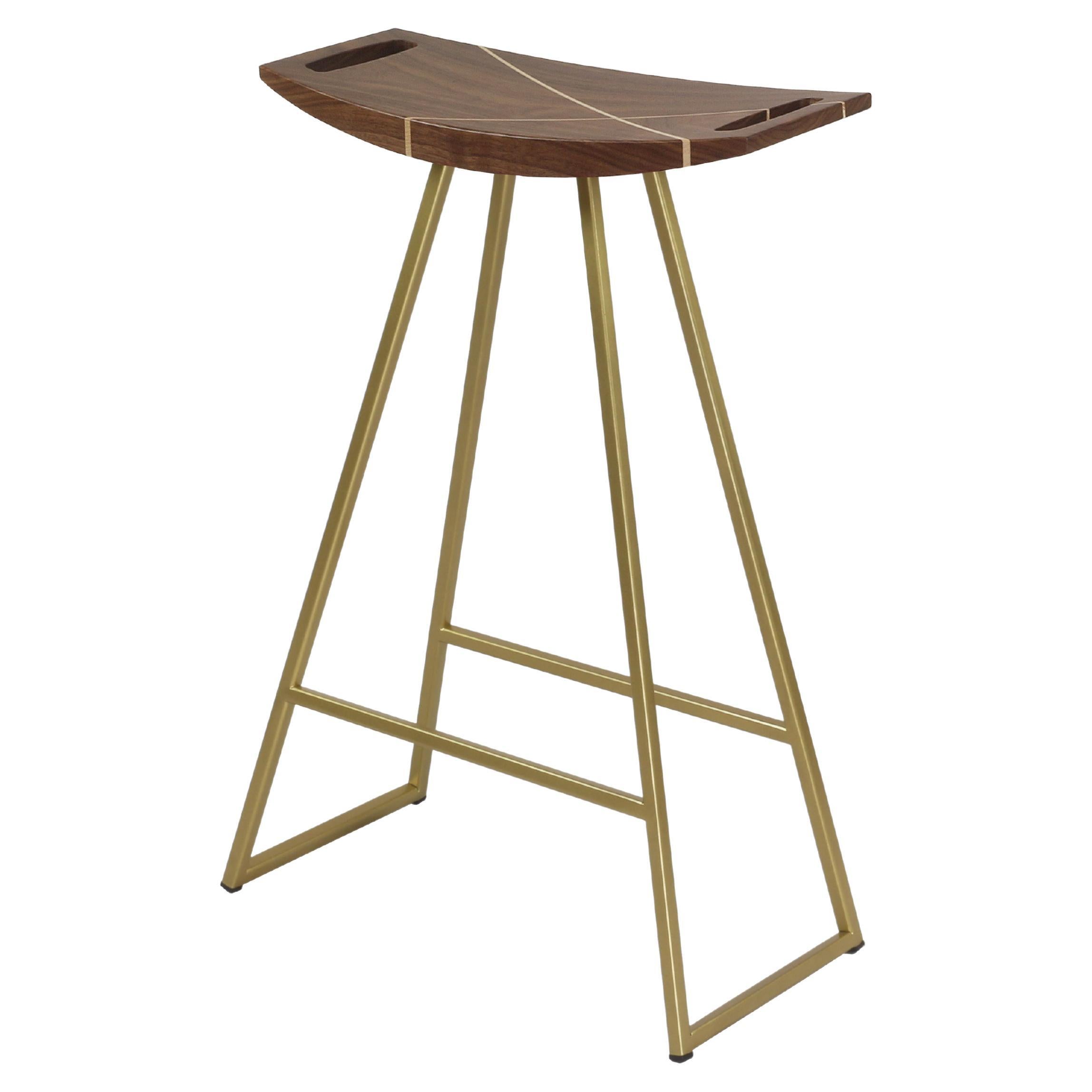 Roberts Counter Stool with Wood Inlay Walnut Brassy Gold For Sale