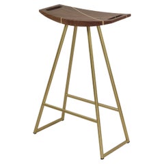 Roberts Counter Stool with Wood Inlay Walnut Brassy Gold