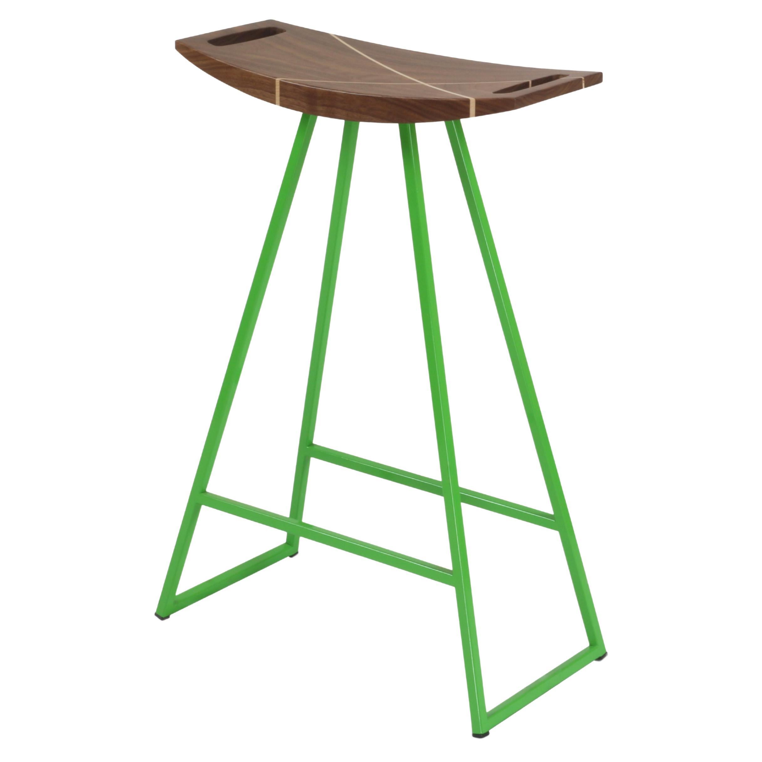 Roberts Counter Stool with Wood Inlay Walnut Green For Sale