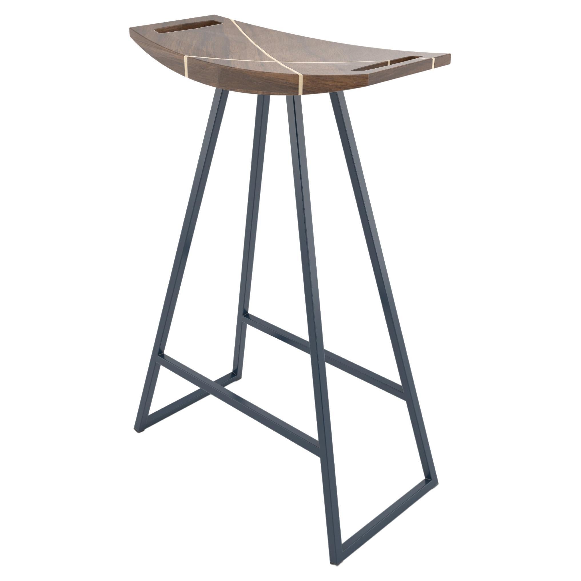 Roberts Counter Stool with Wood Inlay Walnut Navy For Sale