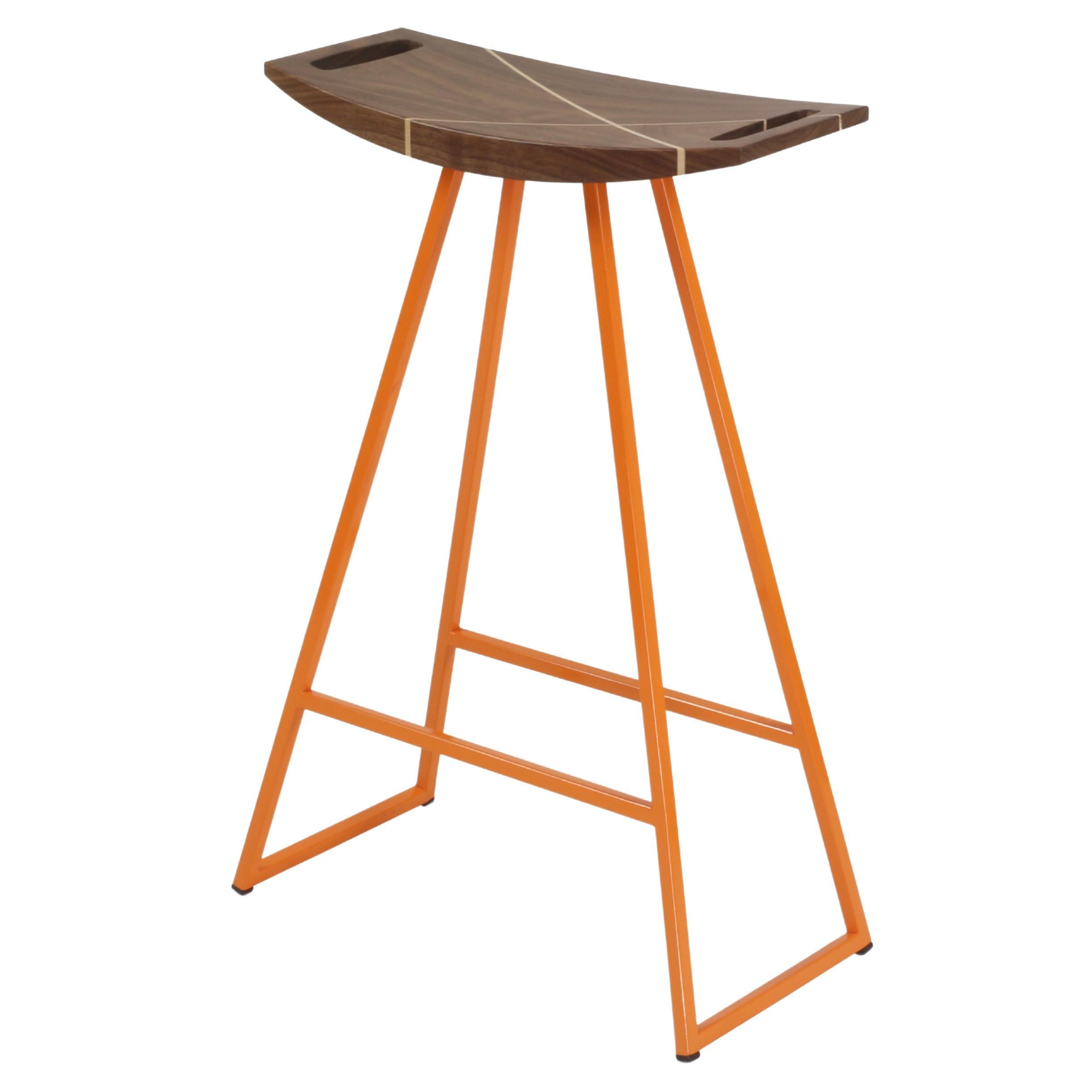 Roberts Counter Stool with Wood Inlay Walnut Orange For Sale