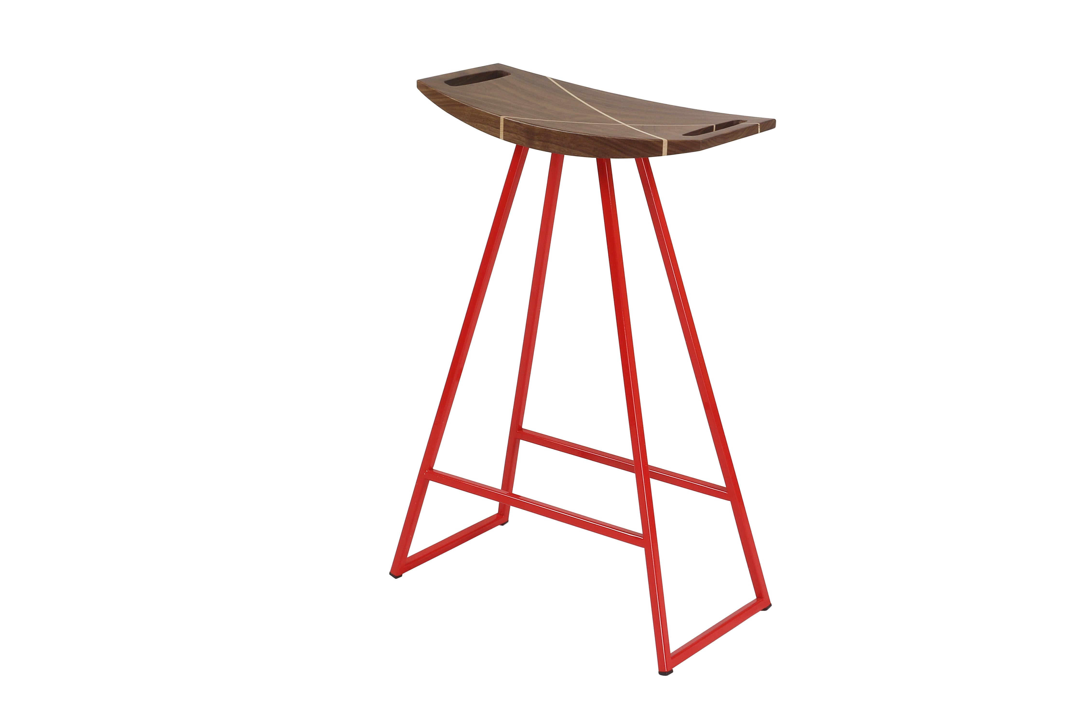 Mid-Century Modern Roberts Counter Stool with Wood Inlay Walnut Red For Sale