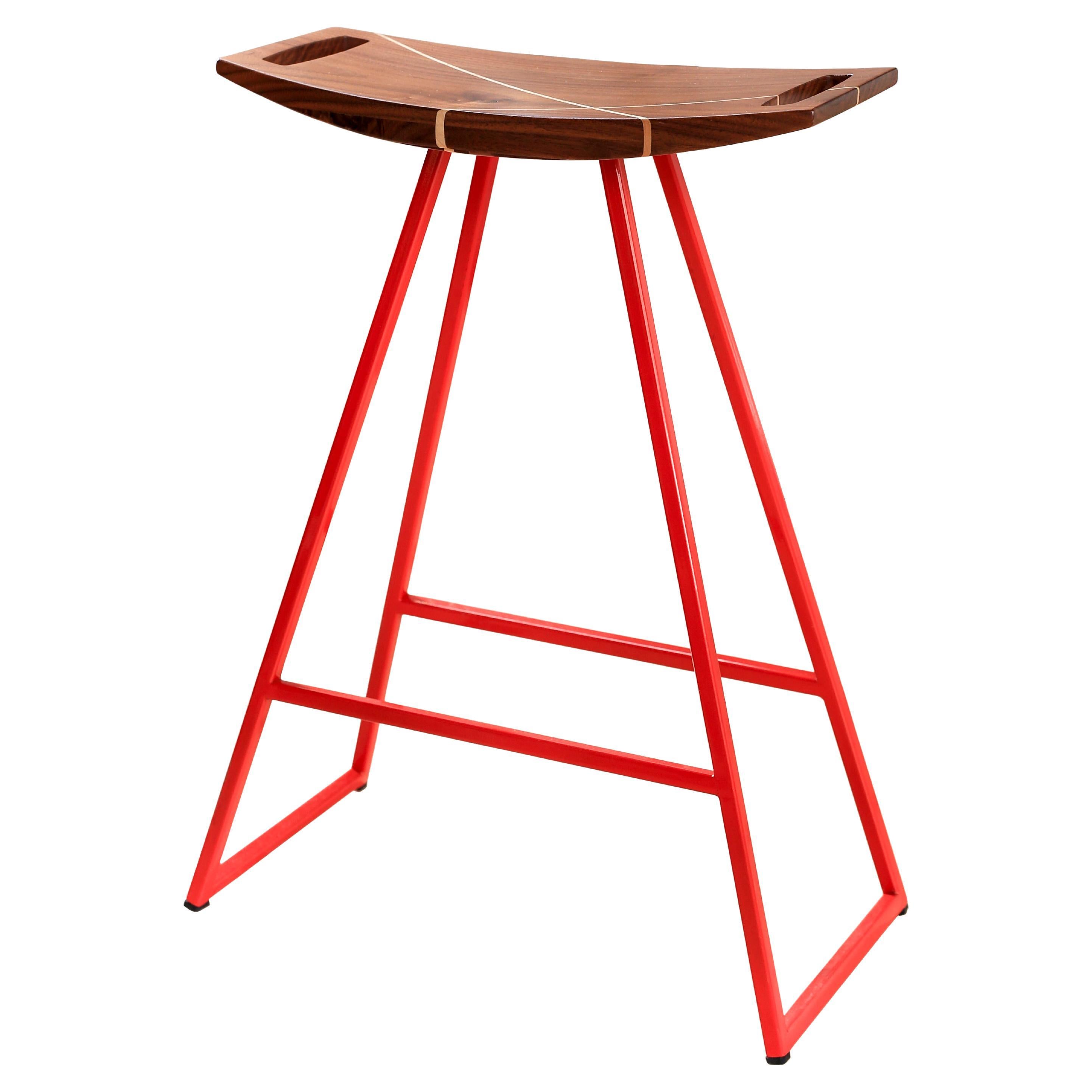 Roberts Counter Stool with Wood Inlay Walnut Red For Sale
