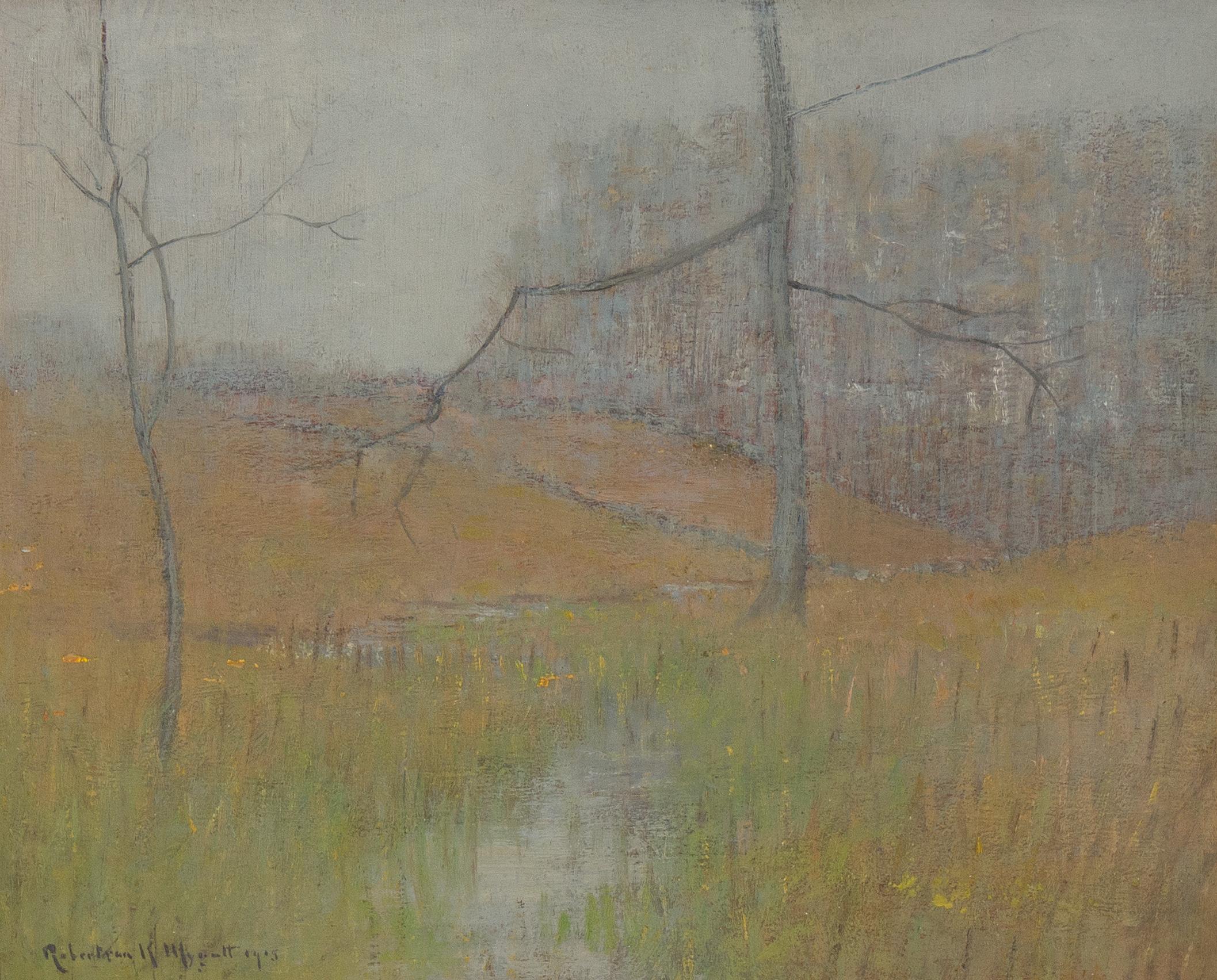 Paesaggio nebbioso: una piccola opera tonalista di Robertson Mygatt, 1915 - Painting di Robertson K. Mygatt