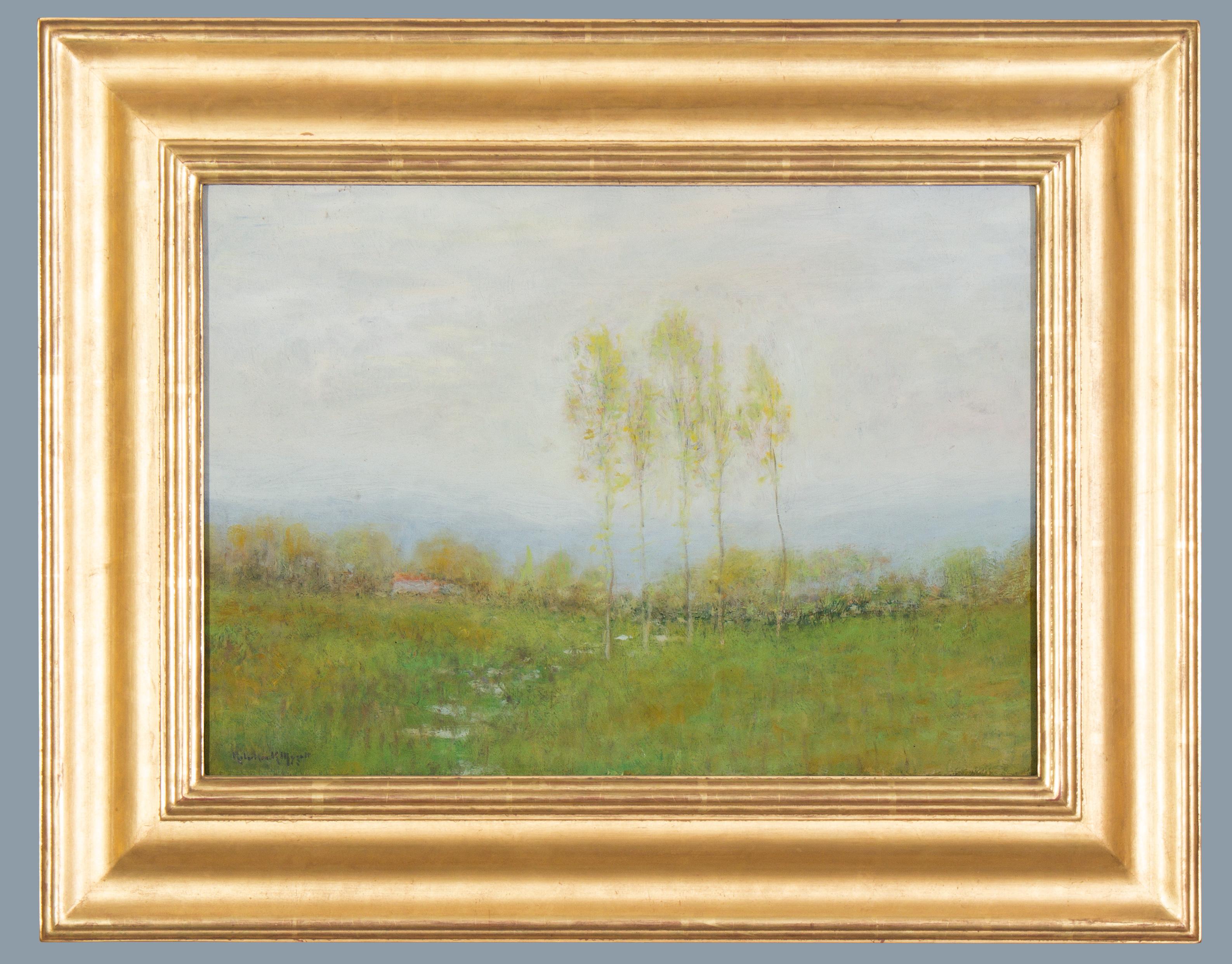 Robertson K. Mygatt Landscape Painting - Tonalist Landscape: Cottage with Trees in a Field by Robertson Mygatt
