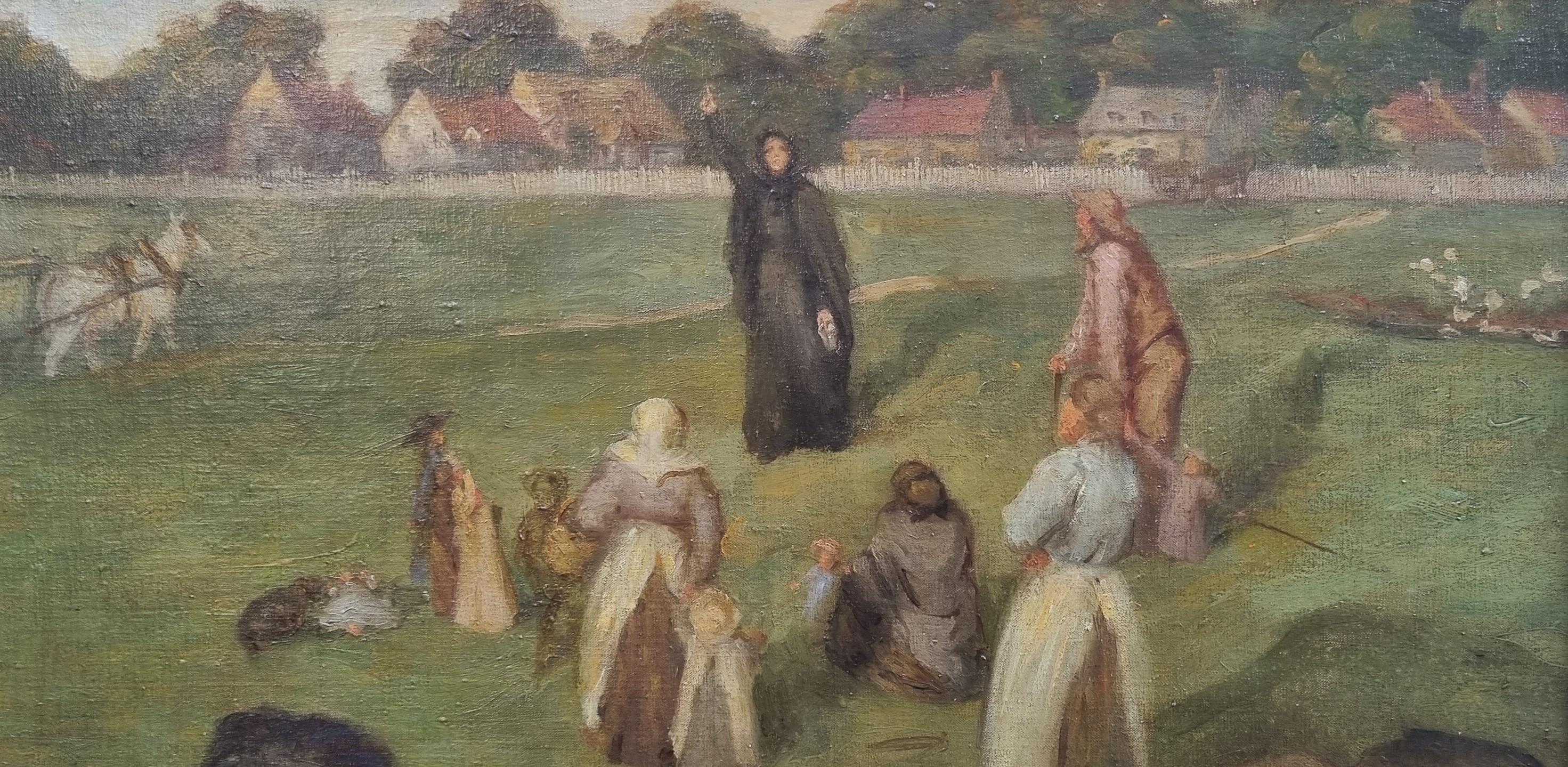 Pintura simbolista británica Mujer profeta Campesinos Art nouveau XX - Figurative Painting Gris de Robertson