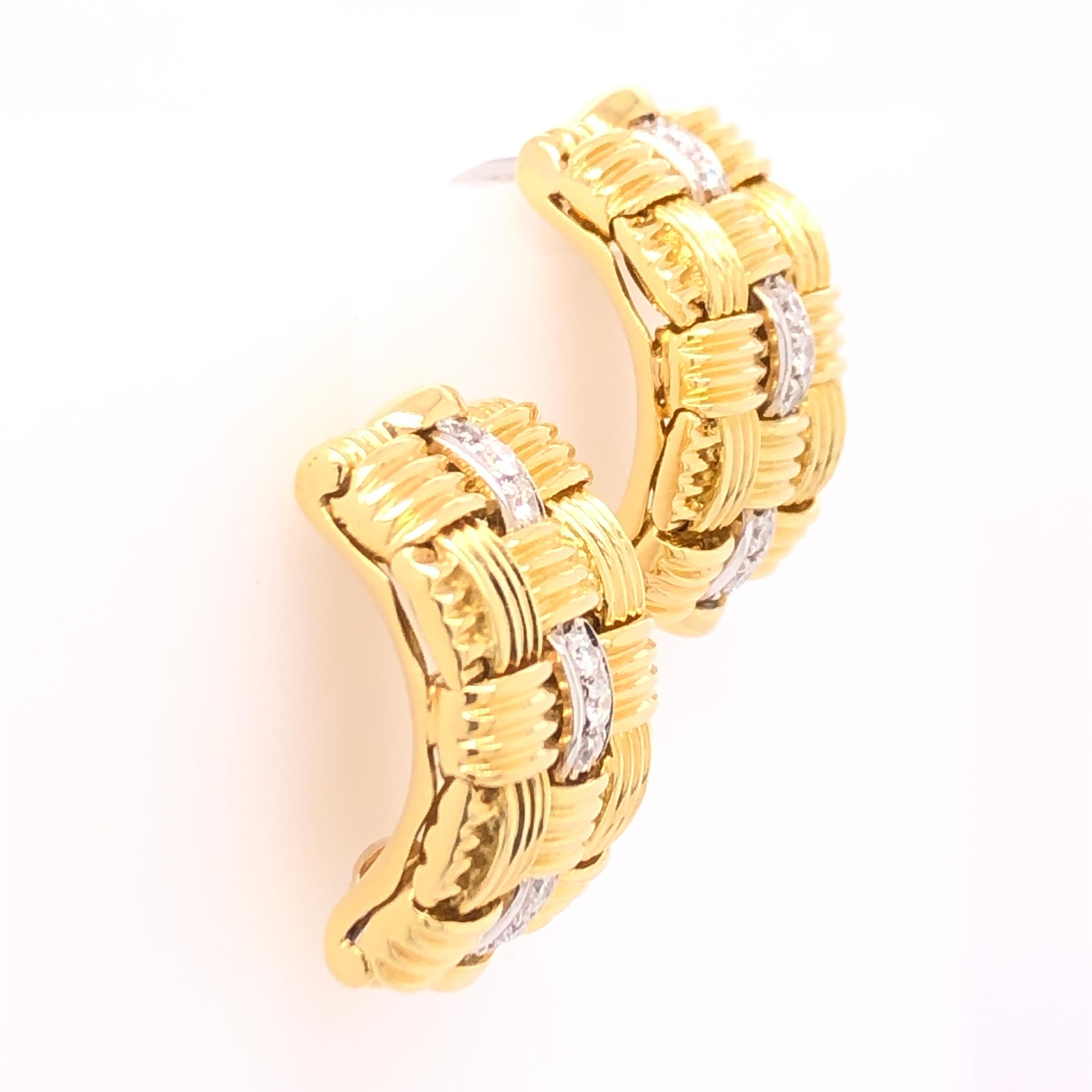 Roberto Coin's classic basket weave earrings in 18K yellow gold showcases a estimated .20 CTW of diamonds. The really cool thing about these earrings is they have an optional post! so you can where them as clip on or with the post for more security.