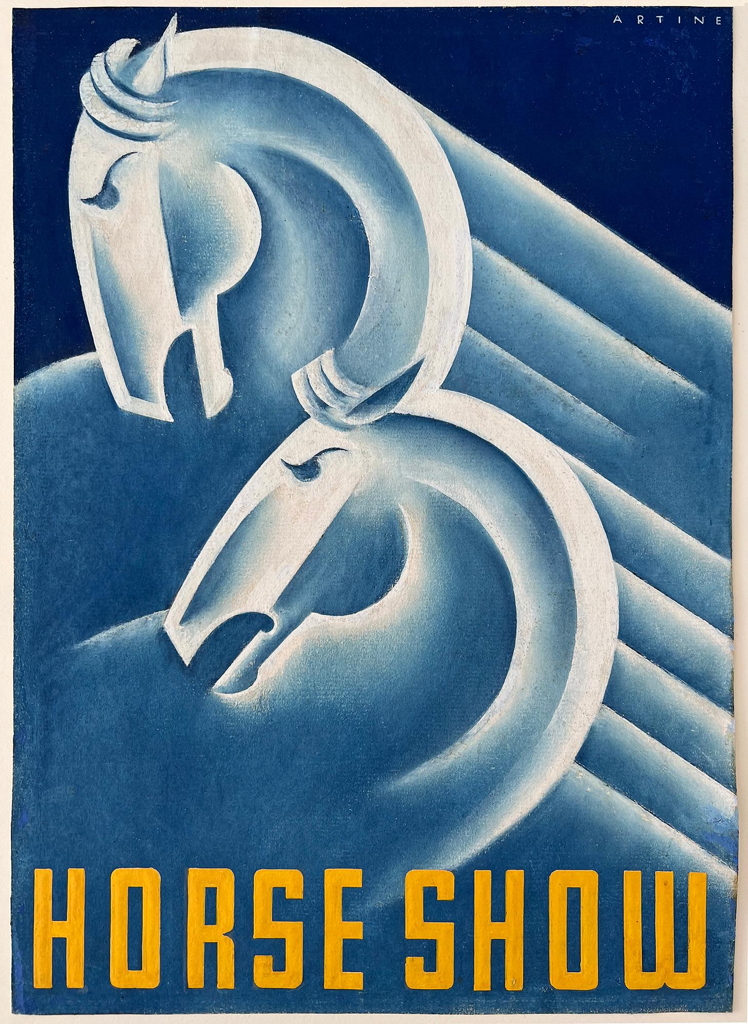 Art Deco Horses in Blue - Horse Show Illustration by Female Illustrator  - Painting by Robin Artine Smith