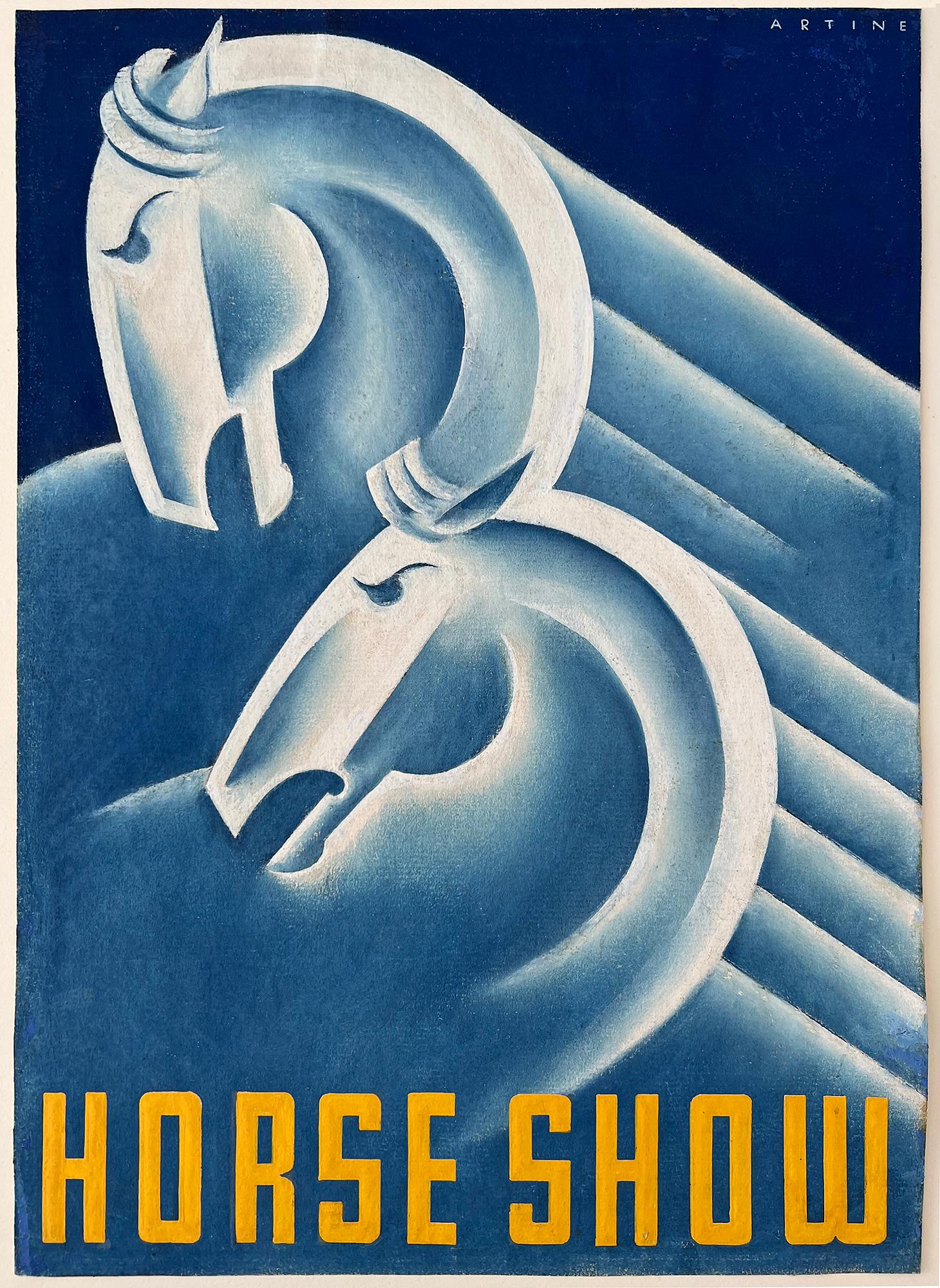 Cavalli Art Deco in blu - Illustrazione per il Salone del Cavallo realizzata da un'illustratrice donna - Painting di Robin Artine Smith