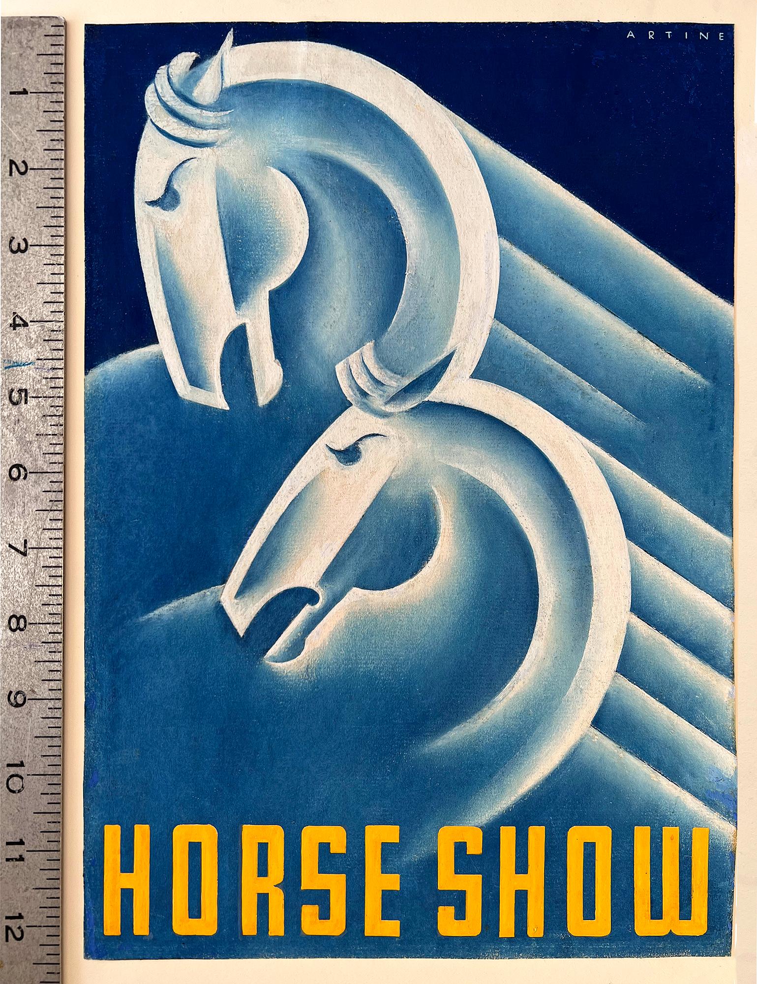 Art-Déco-Pferde in Blau – Pferdeausstellung, Illustration der weiblichen Illustratorin  (Art déco), Painting, von Robin Artine Smith
