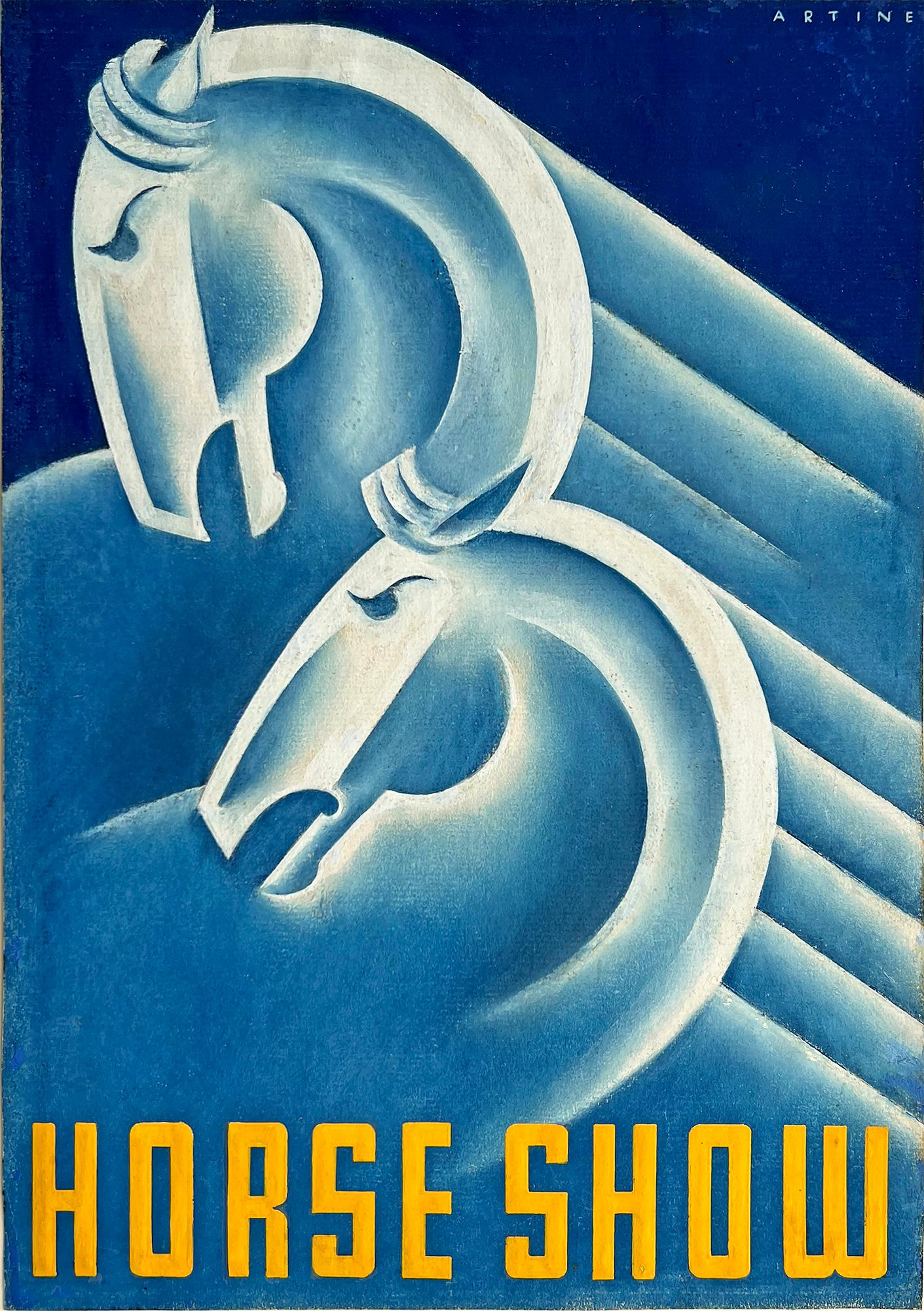 Robin Artine Smith Animal Painting – Art-Déco-Pferde in Blau – Pferdeausstellung, Illustration der weiblichen Illustratorin 