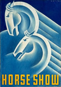Vintage Art Deco Horses in Blue - Horse Show Illustration by Female Illustrator 