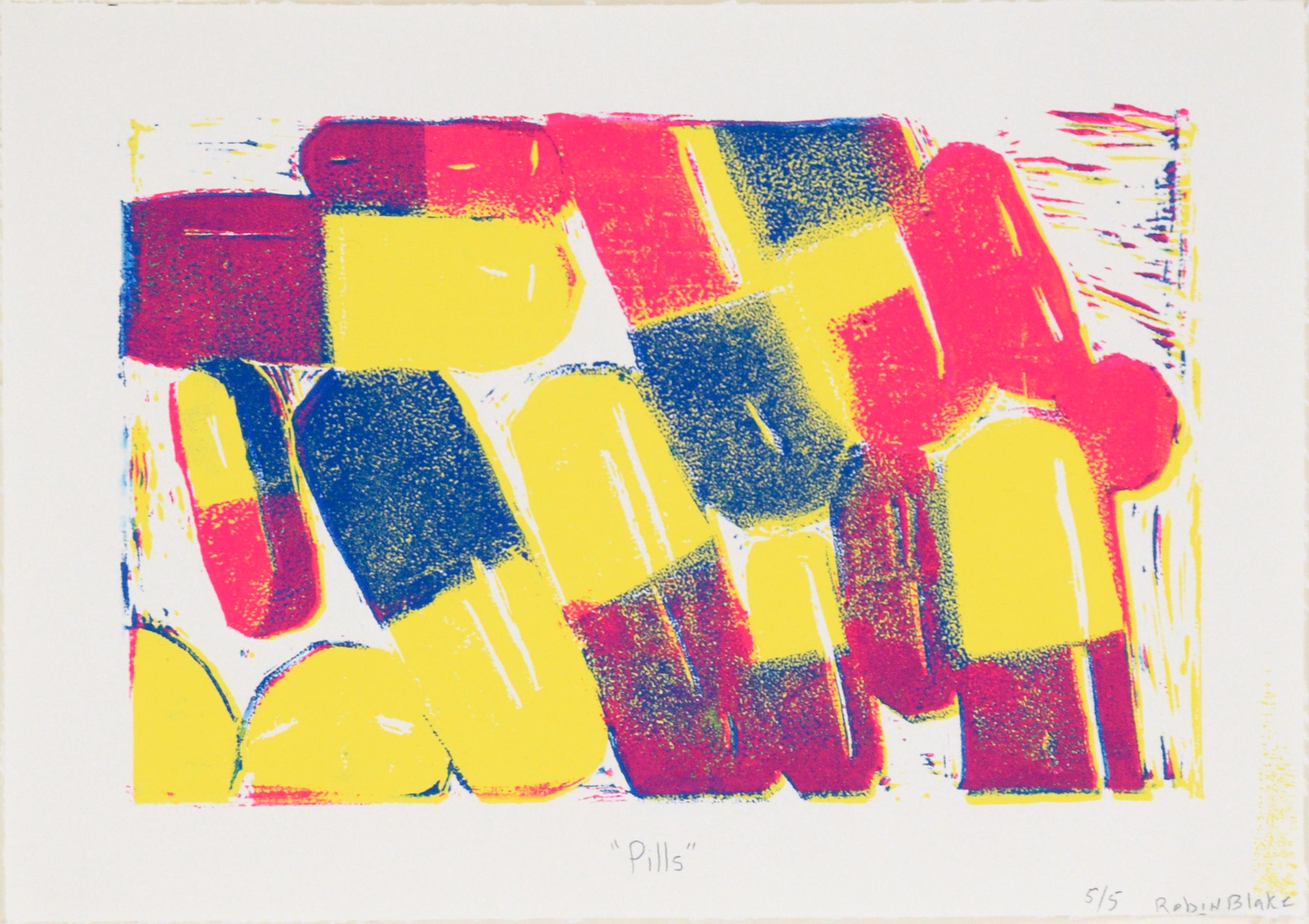 „Pills“ – Outsider Pop Art – Holzschnitt auf Papier (#5/5) – Print von Robin Blake