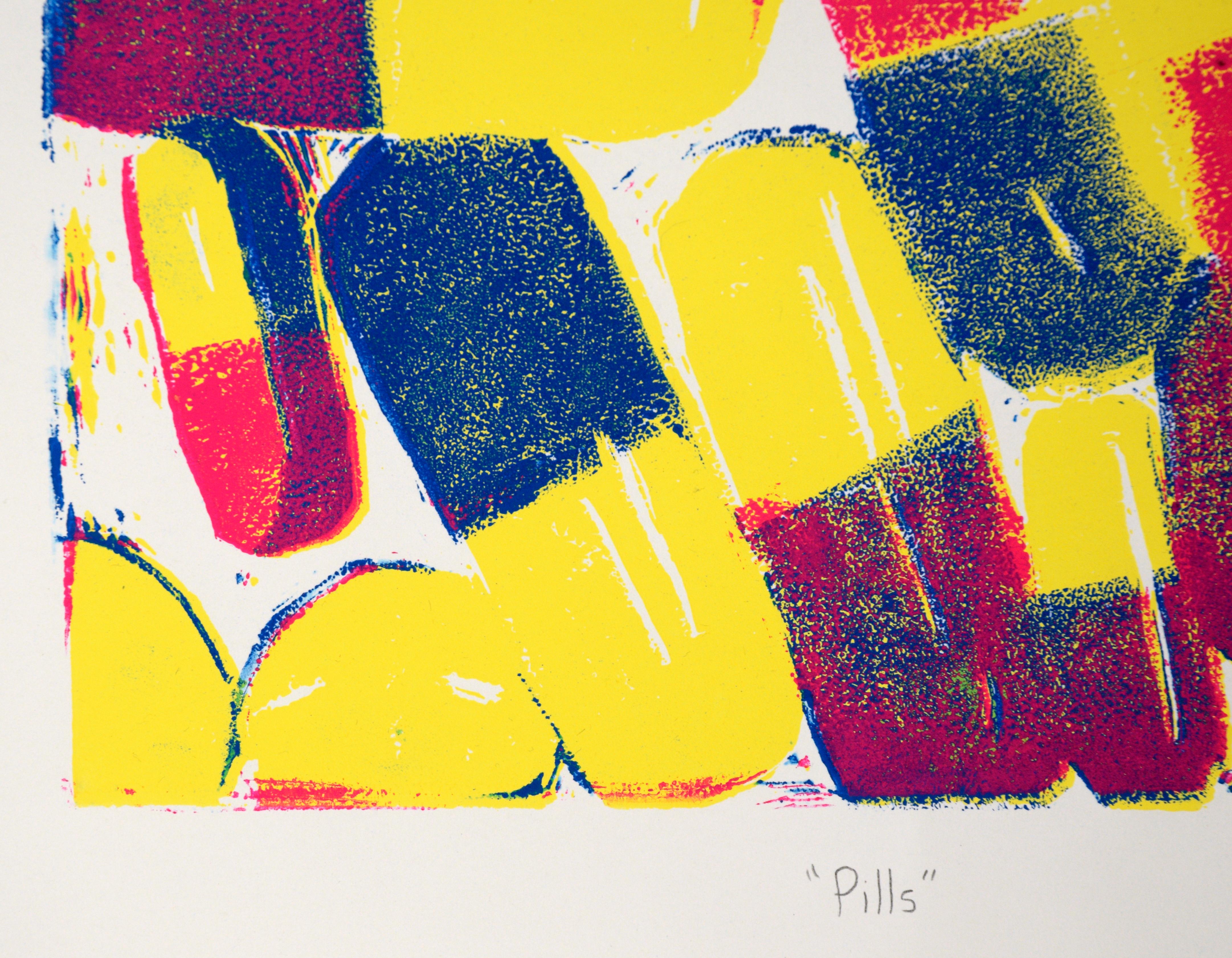 „Pills“ – Outsider Pop Art – Holzschnitt auf Papier (#5/5) (Schwarz), Abstract Print, von Robin Blake