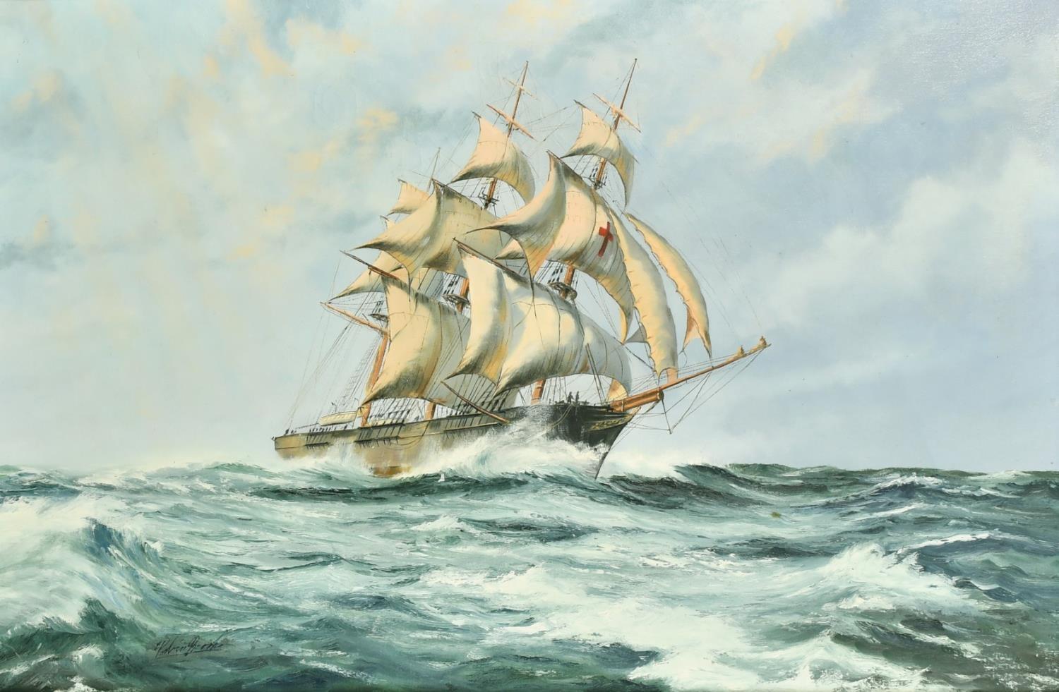 Robin Brooks Landscape Painting - Large British Marine Oil Painting The Dreadnought Clipper Sailing in High Seas