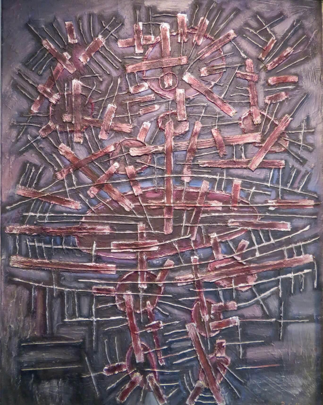 Originale insolito dipinto ad olio figurativo futurista della metà del XX secolo inglese - Painting di Robin Charles Ball