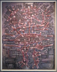 Originale insolito dipinto ad olio figurativo futurista della metà del XX secolo inglese