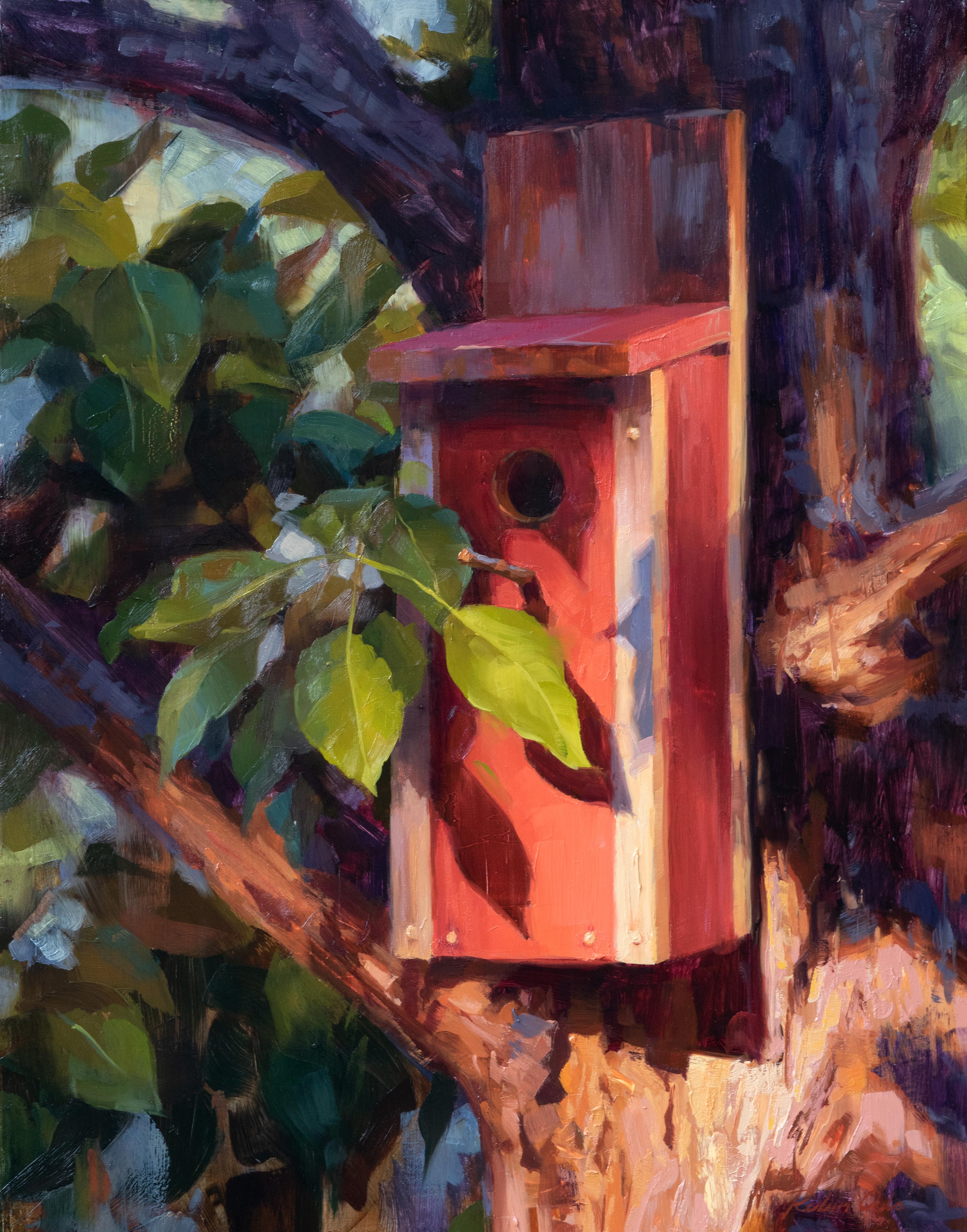 Robin Cole Still-Life Painting - "Home for the Chickadees" Oil Painting