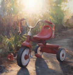 "Remember When" (2024), Nature morte réaliste originale de tricycle, peinture à l'huile