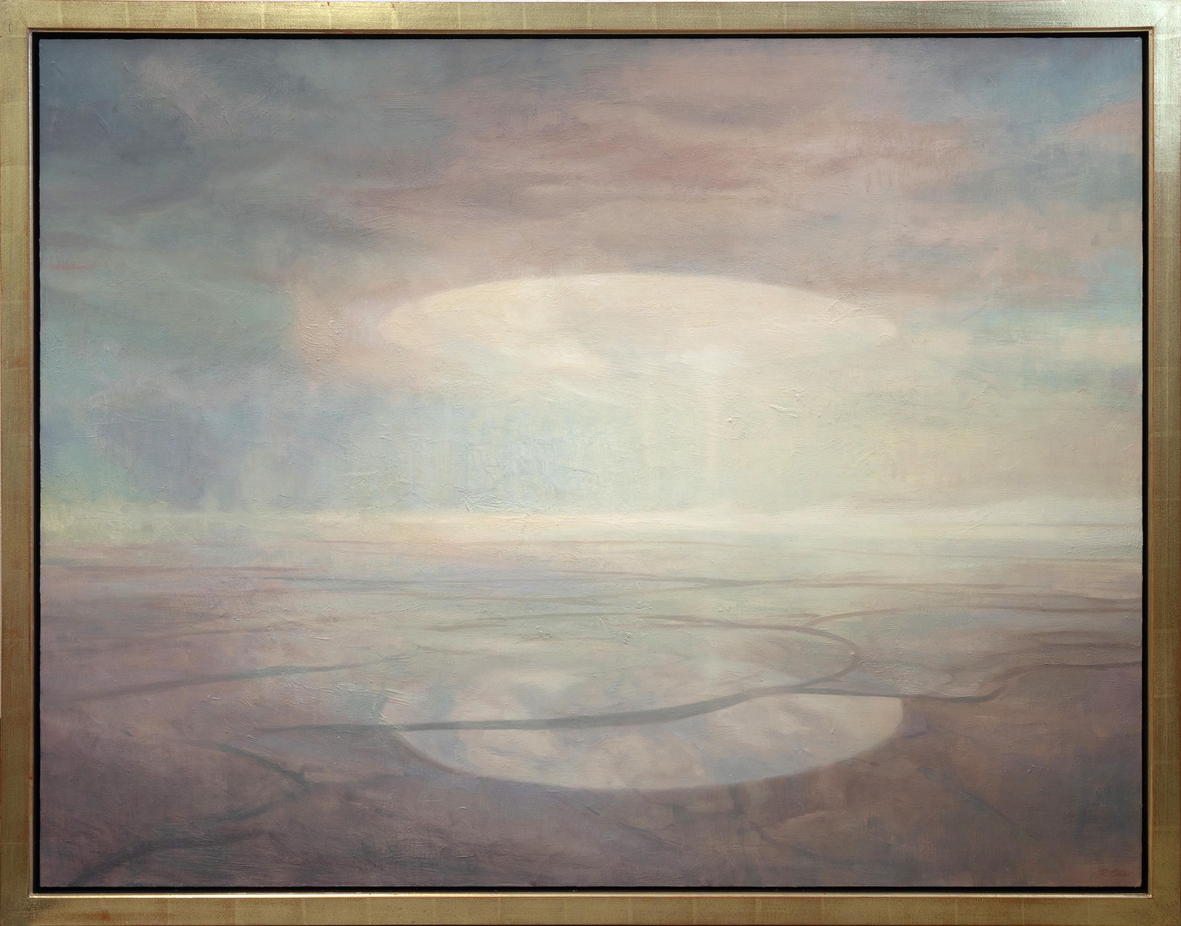 Robin Cole's original oil painting, 'The Space Between', is an evocative exploration of ethereal landscapes, rendered on a grand scale of 40 x 52 inches. Crafted with meticulous attention in 2024, this artwork delves into the subtle gradations of