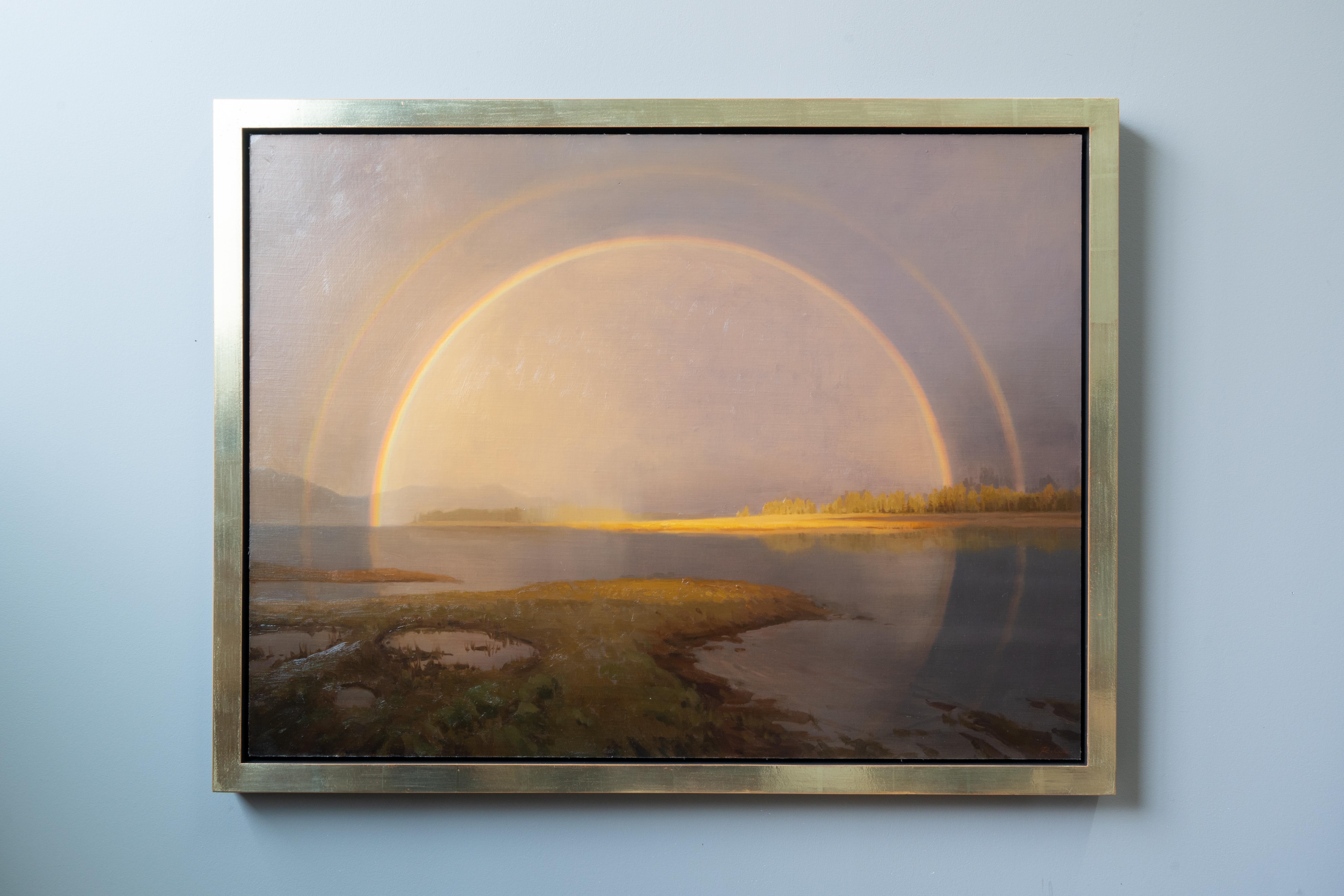 Robin Cole’s “Vantage Point” is a compelling 2024 oil on mounted linen piece that transports the viewer to a serene natural setting, enveloped by a captivating double rainbow. Measuring 27 x 36 inches, this original work is gracefully housed within