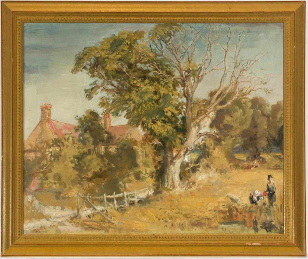 A charming rural scene depicting a figure in the foreground of a British rural landscape, with cottage and dead tree beyond. This scene is highly typical of the artist, who often painted rural scenes. Presented in a decorative gilt frame with beaded
