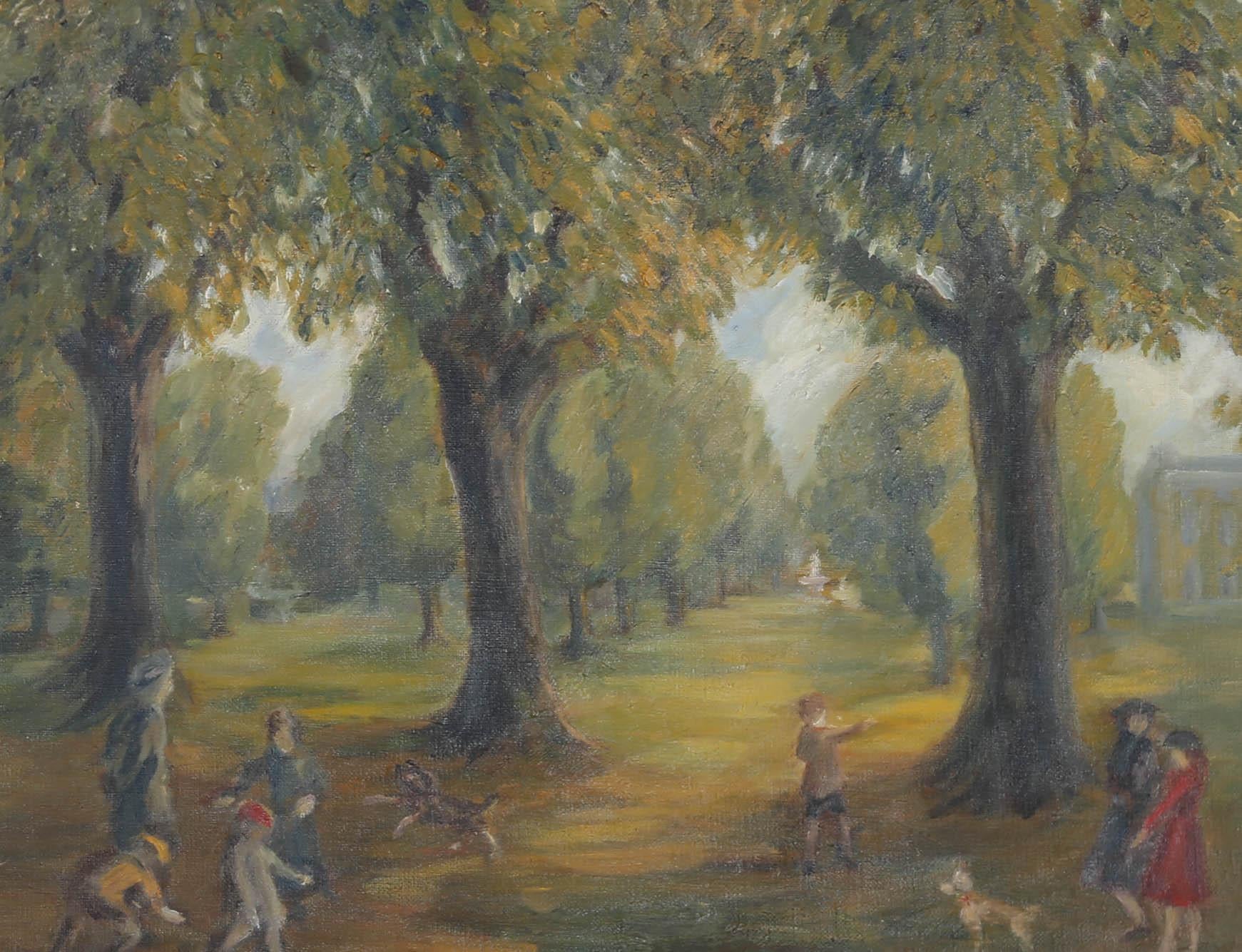 This summer feeling, oil landscape depicts a group of spritely children playing in the park. The families dogs can be seen running circles around the excitable children, while the two mothers seem happy chatting to one side. The painting is signed