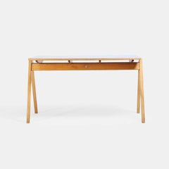 Table à manger / bureau Robin Day pour Hille, plateau bleu, piètement en orme, années 1950, Angleterre