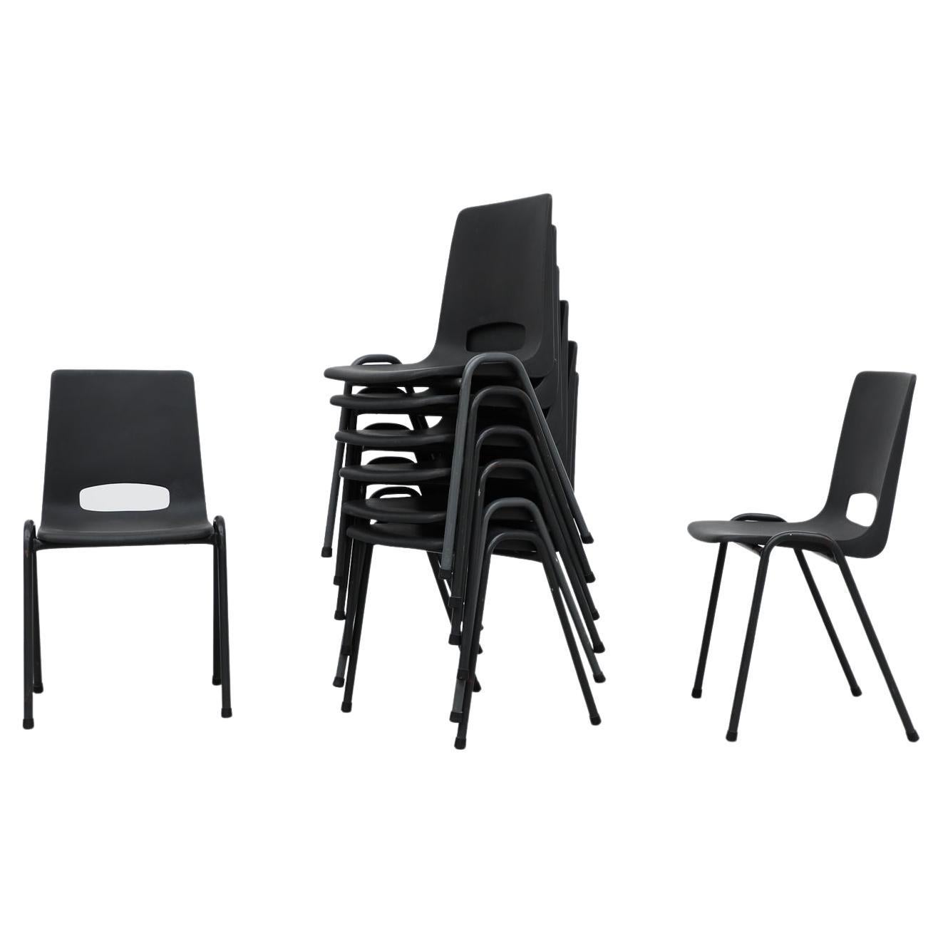 Robin Day Inspired Dark Gray Plastic Stacking Armchairs with Gray Metal Legs