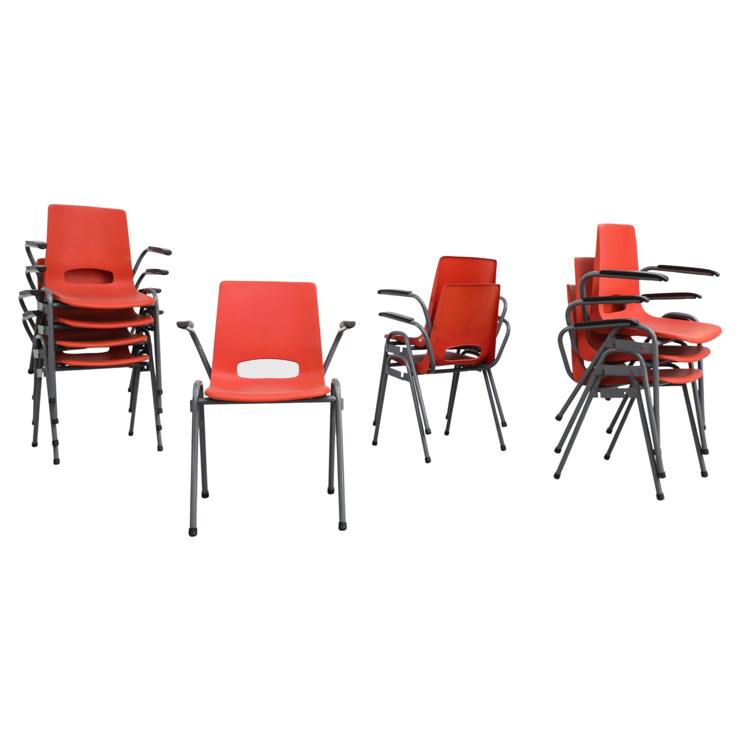 Robin Day Inspired Red Plastic Stacking Arm Chairs with Gray Metal Legs