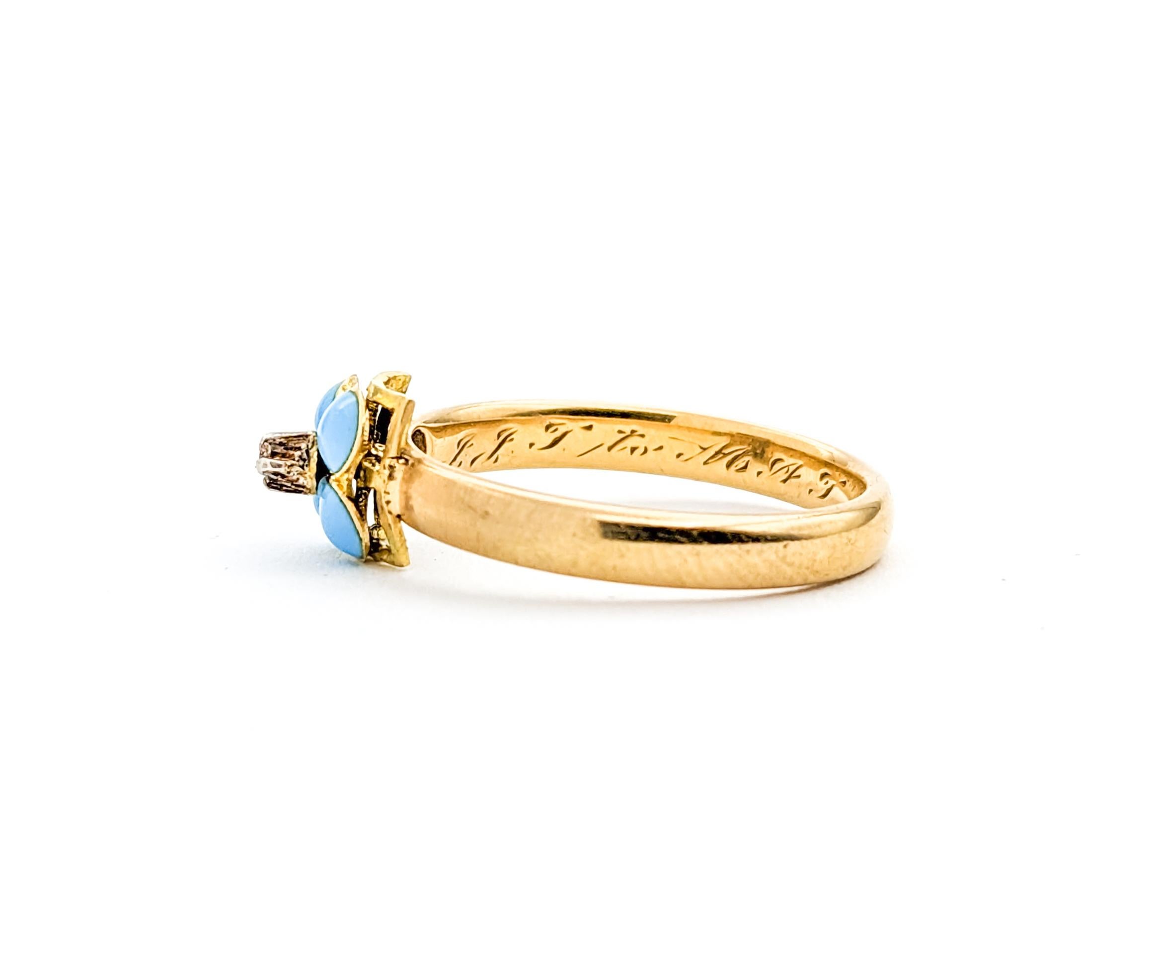Round Cut Antique Forget Me Not Enamel & Diamond Ring In Yellow Gold For Sale