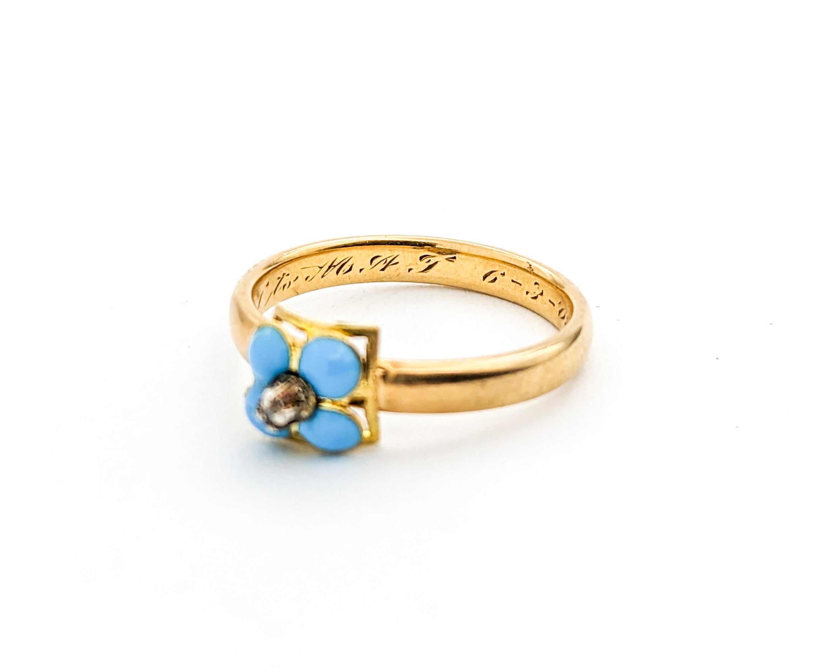 Women's Antique Forget Me Not Enamel & Diamond Ring In Yellow Gold For Sale