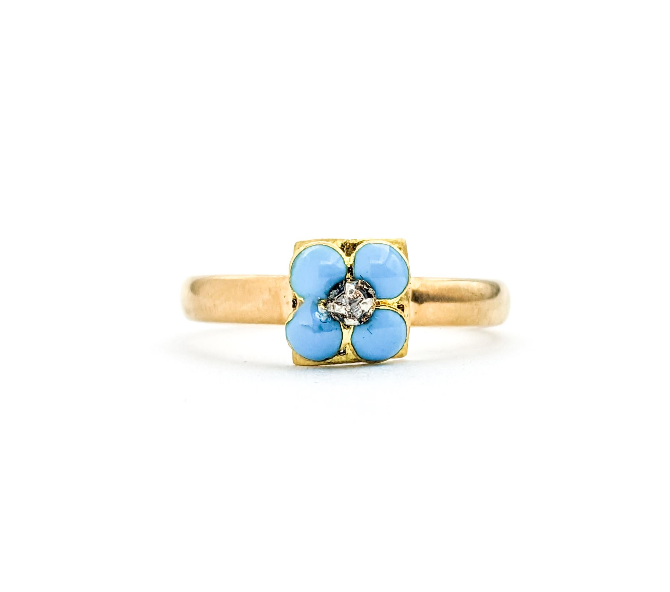 Art Nouveau Antique Forget Me Not Enamel & Diamond Ring In Yellow Gold For Sale