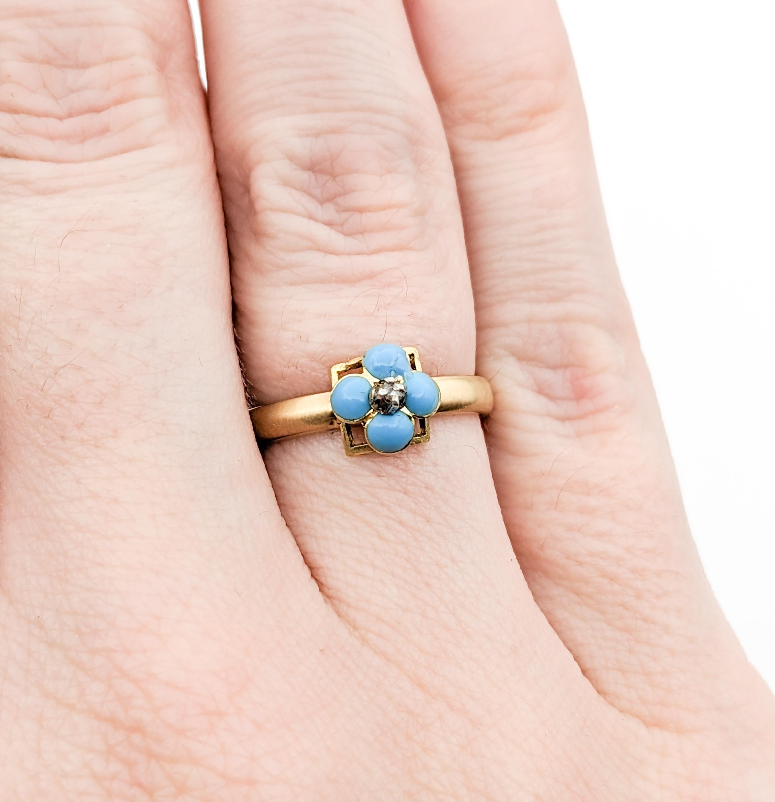 Antique Forget Me Not Enamel & Diamond Ring In Yellow Gold For Sale 2