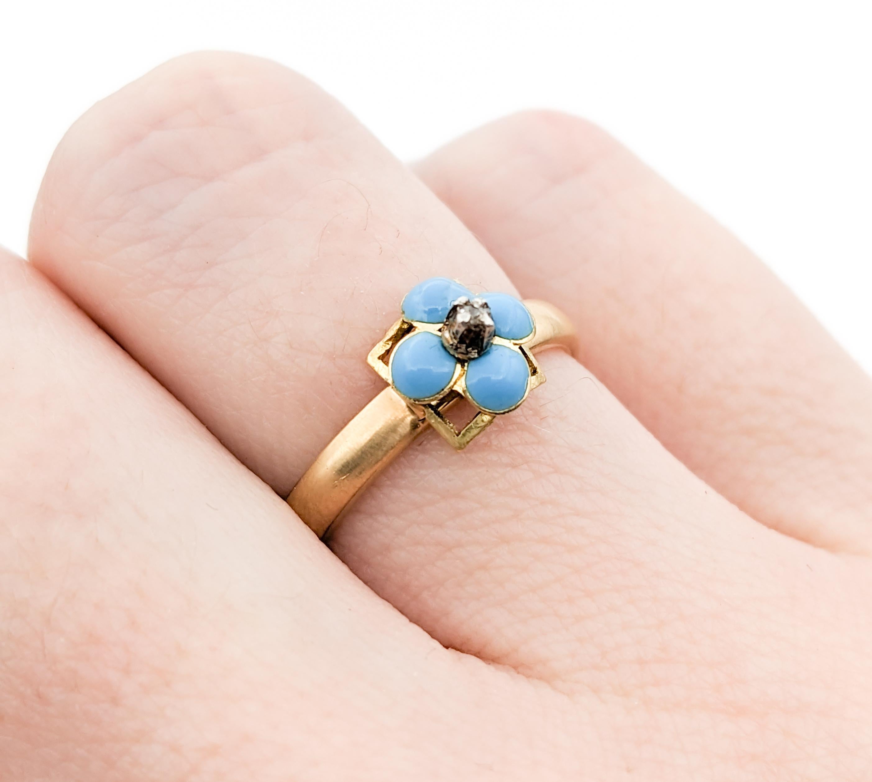 Antique Forget Me Not Enamel & Diamond Ring In Yellow Gold For Sale 4