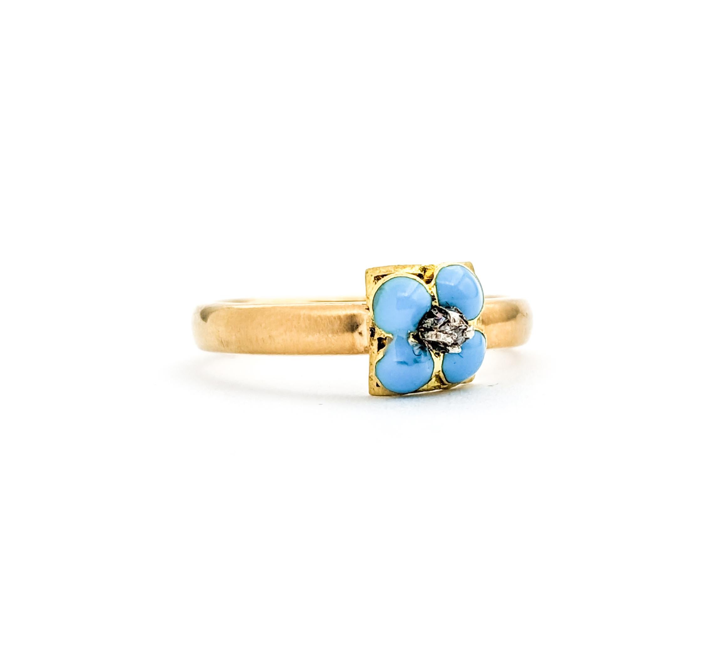 Antique Forget Me Not Enamel & Diamond Ring In Yellow Gold In Excellent Condition For Sale In Bloomington, MN