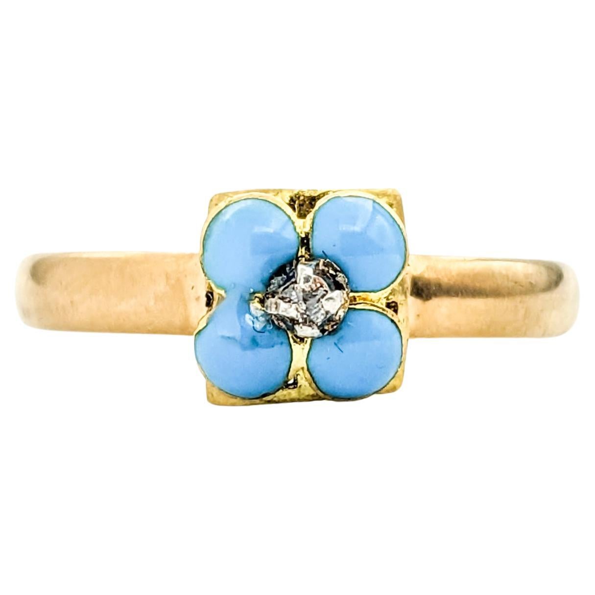 Antique Forget Me Not Enamel & Diamond Ring In Yellow Gold