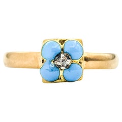 Antique Forget Me Not Enamel & Diamond Ring In Yellow Gold