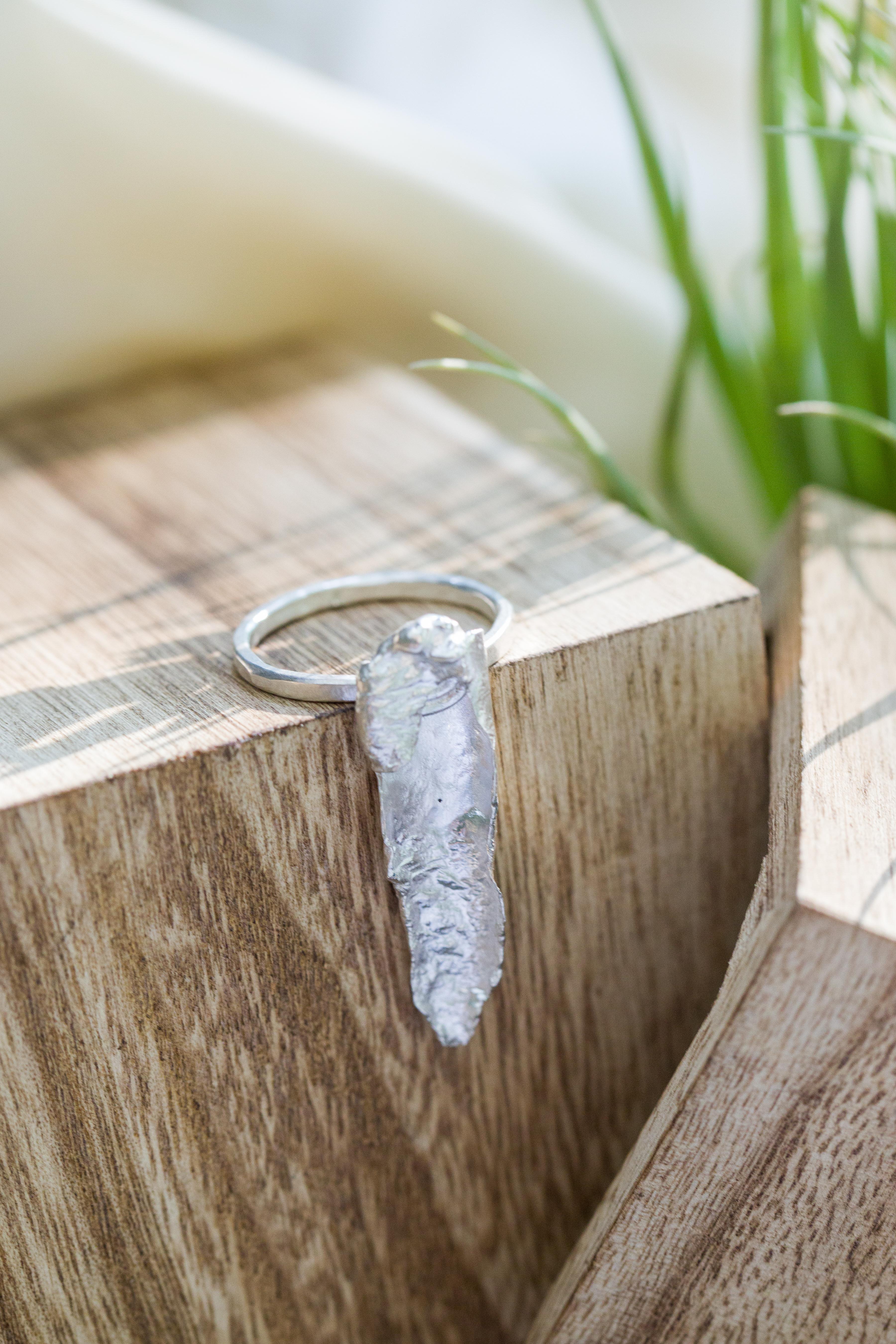 A jewel for protection, inward and outward. Reminiscent of stalactites found in caves, formed slowly, not to be carelessly touched.

Sterling silver ring intended to be worn up or down. Defiant and elegant with glistening texture. Each ring band had