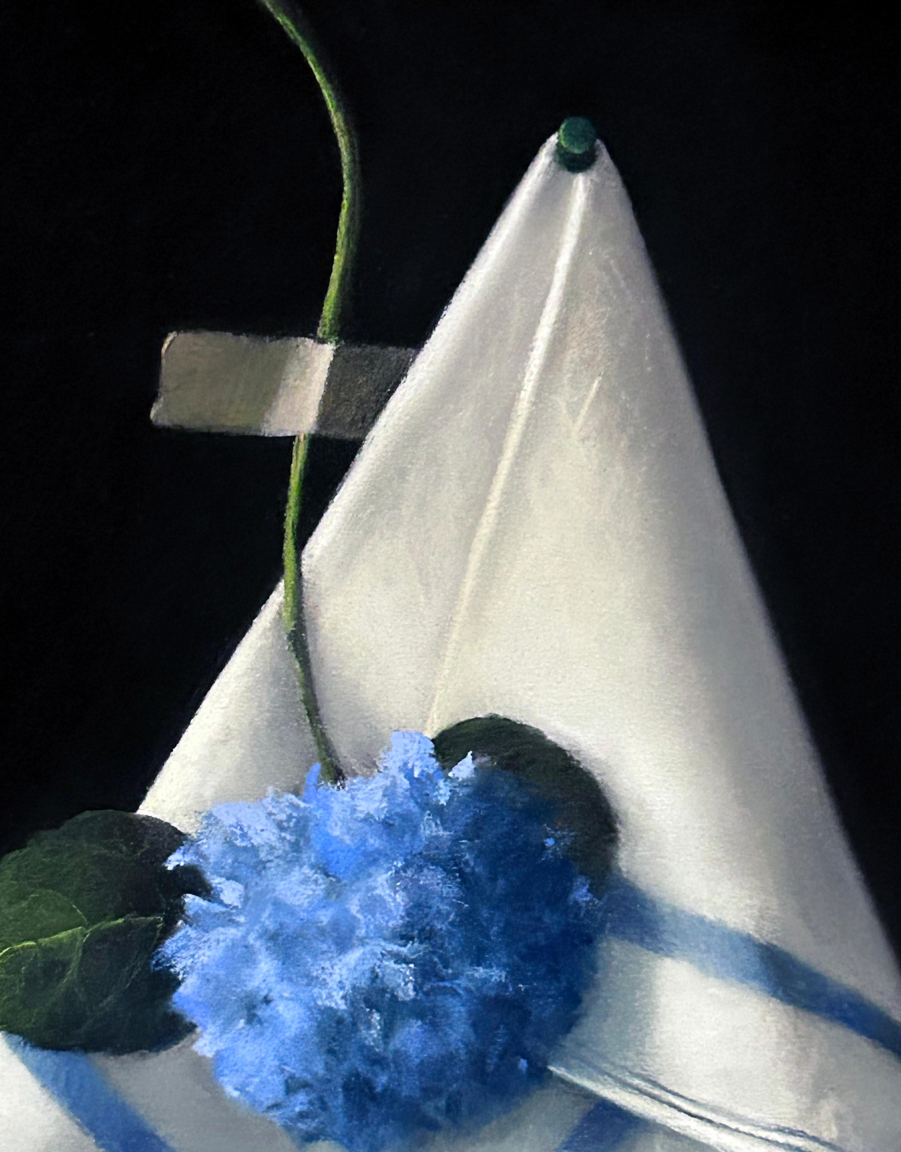 Robin Frisella, „Hanging in There“, 10x10 Blaues Hydrangea-Stillleben in Pastell im Angebot 2