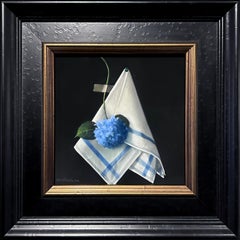 Robin Frisella, "Hanging in There", 10x10 Blue Hydrangea Still life Pastel