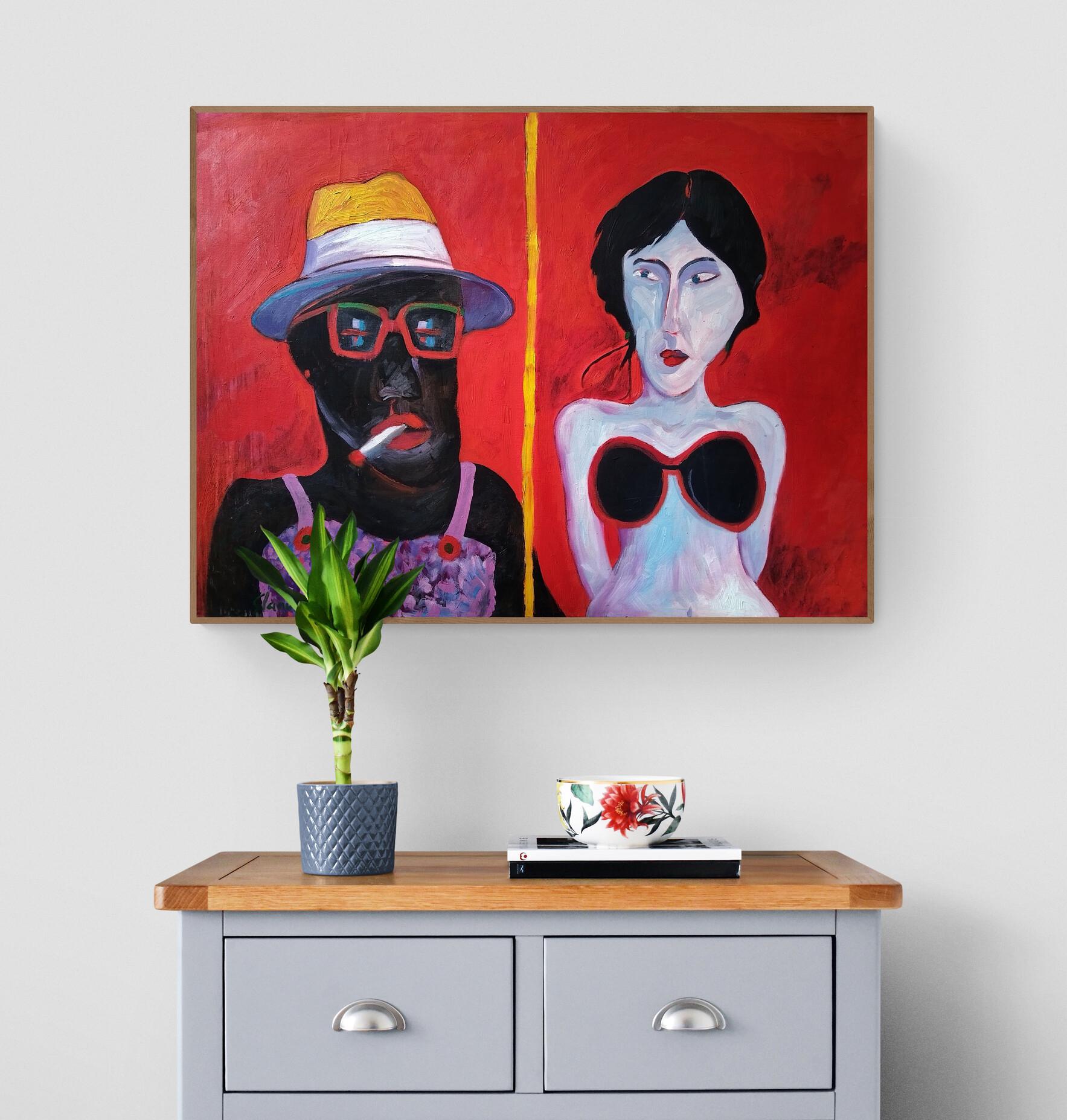 Bright Red Expressionist Oil on Canvas Painting 