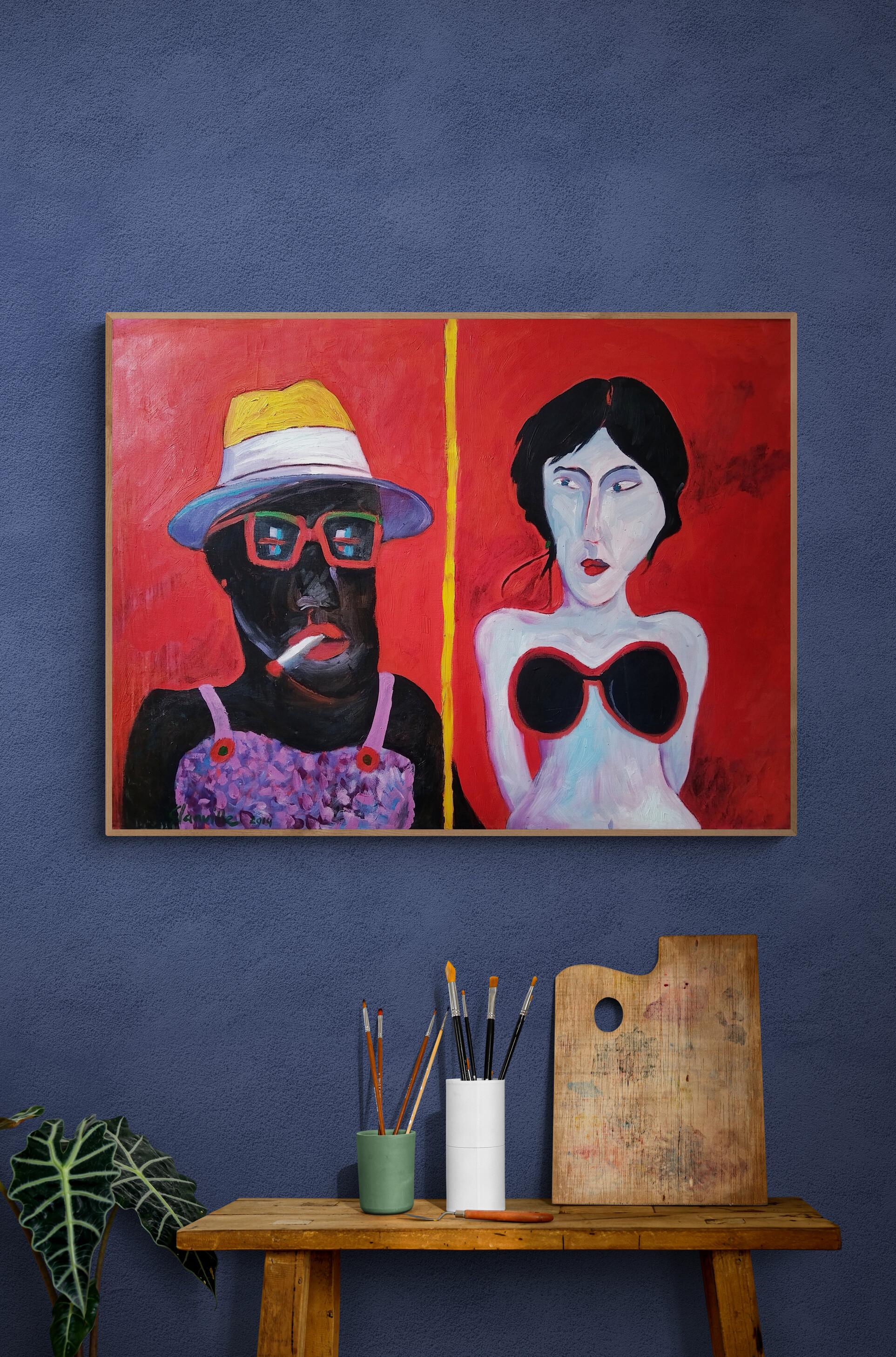A bright and unapologetic, unique oil painting, drawing from the expressionist movement. Two figures against a vivid red backdrop, typical of Glanville's free hand.
Oil on stretched canvas, ready to hang. A shadow framing in your choice of colour is