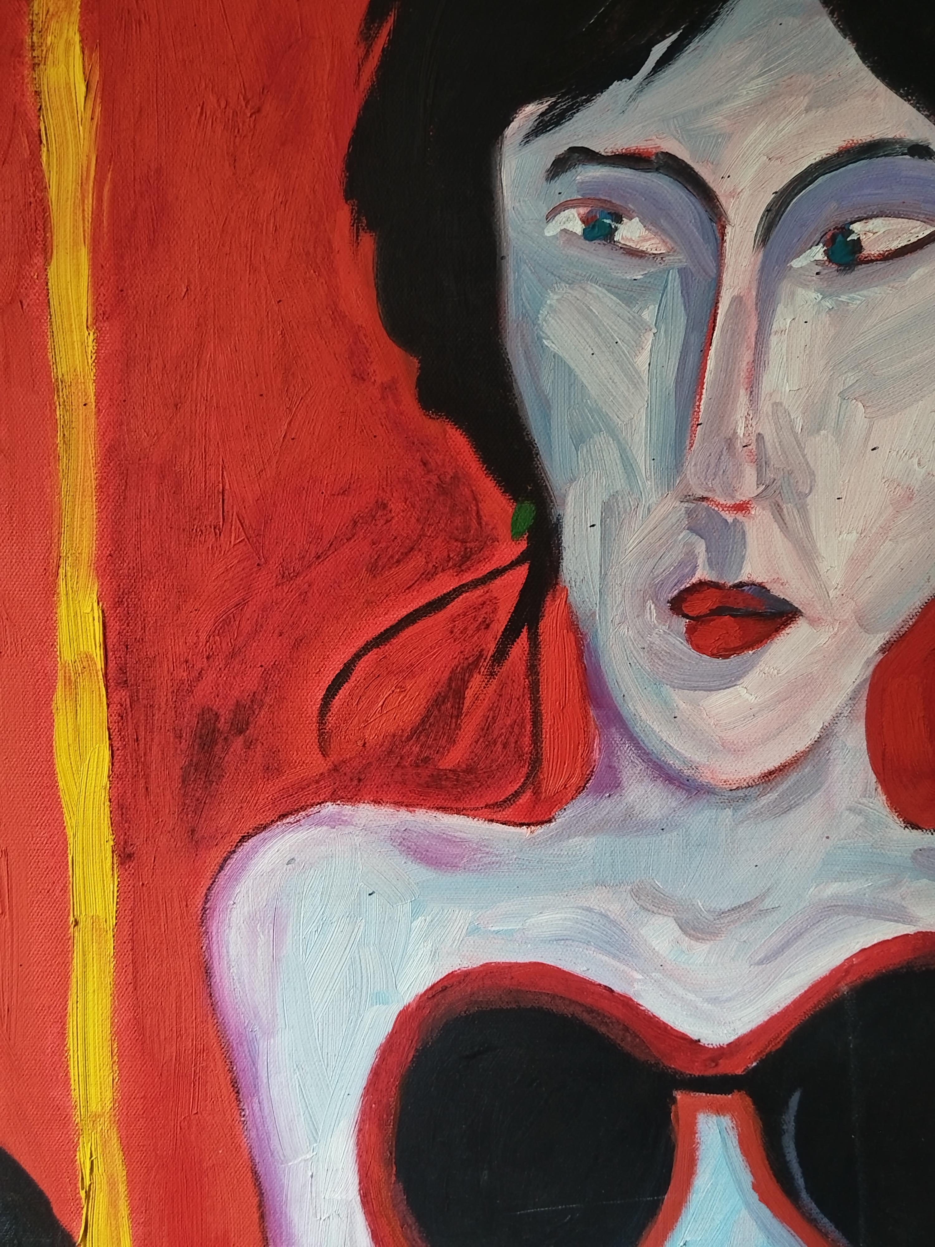 Bright Red Expressionist Oil on Canvas Painting 