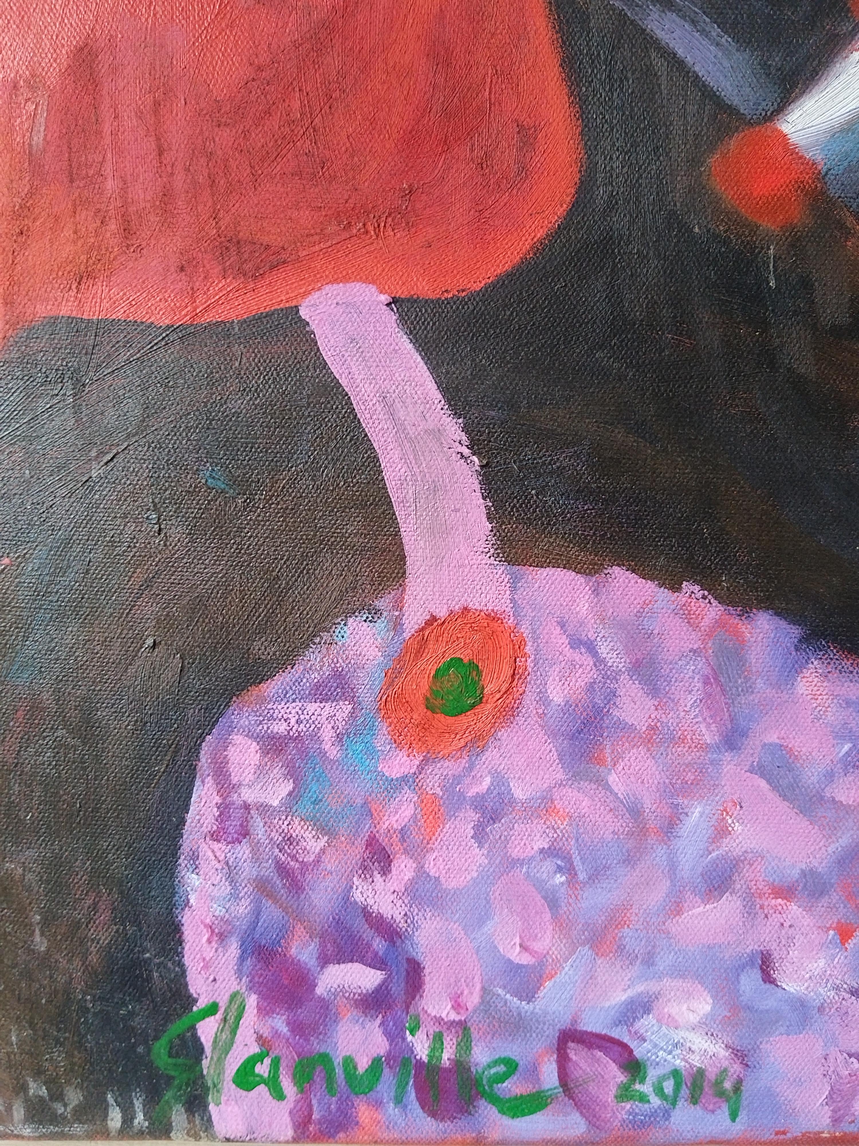Bright Red Expressionist Oil on Canvas Painting 