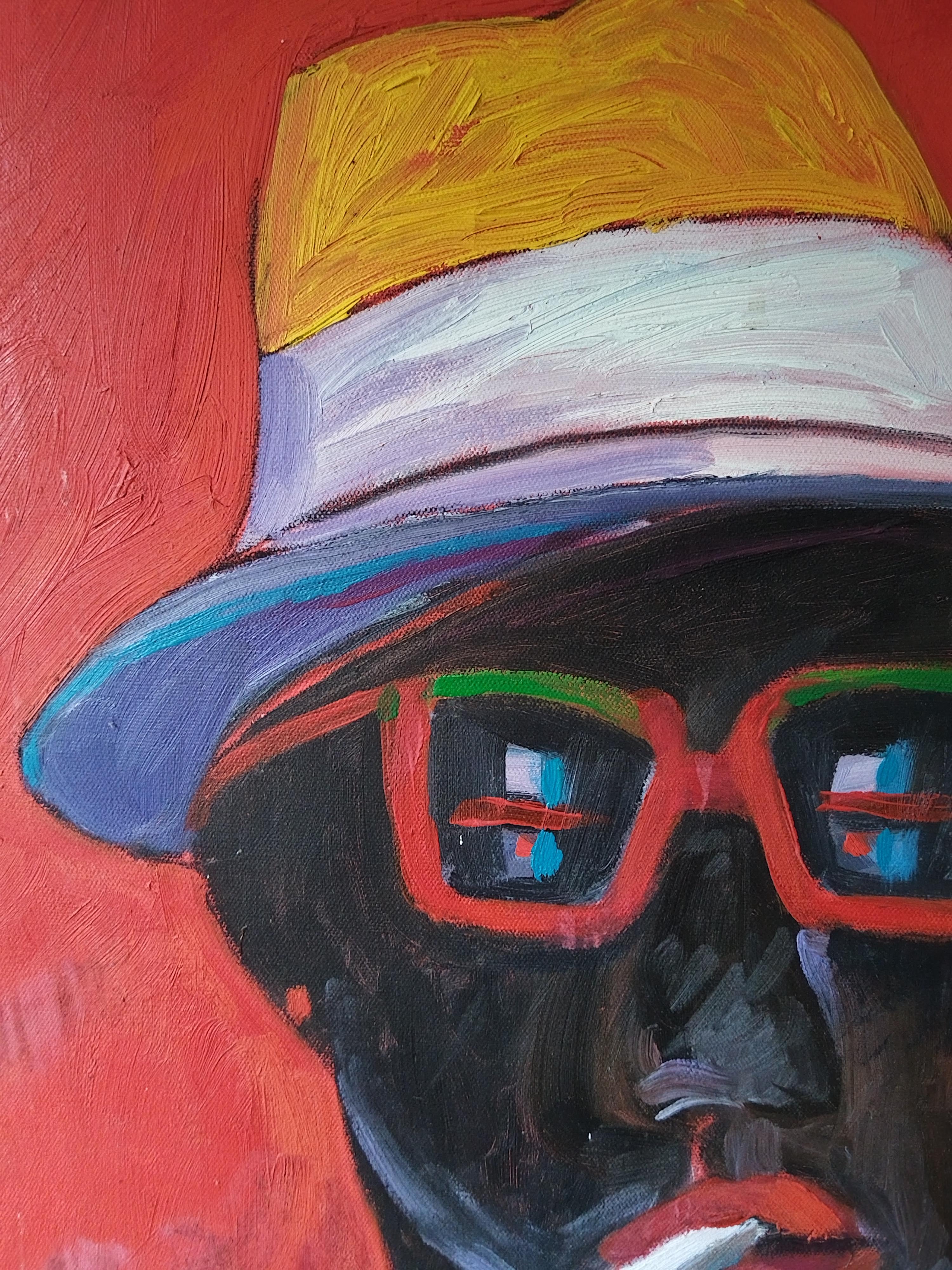 Bright Red Expressionist Oil on Canvas Painting 