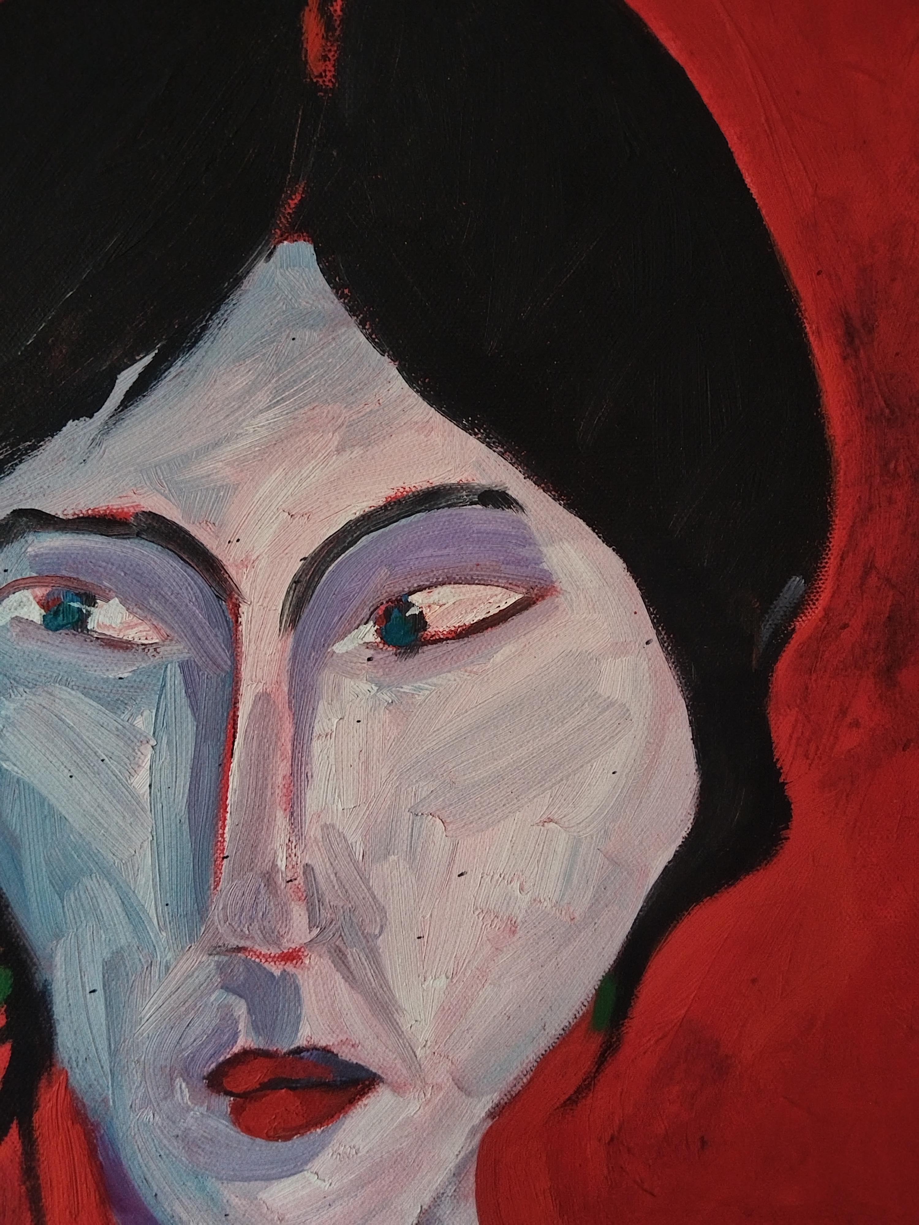 Bright Red Expressionist Oil on Canvas Painting 